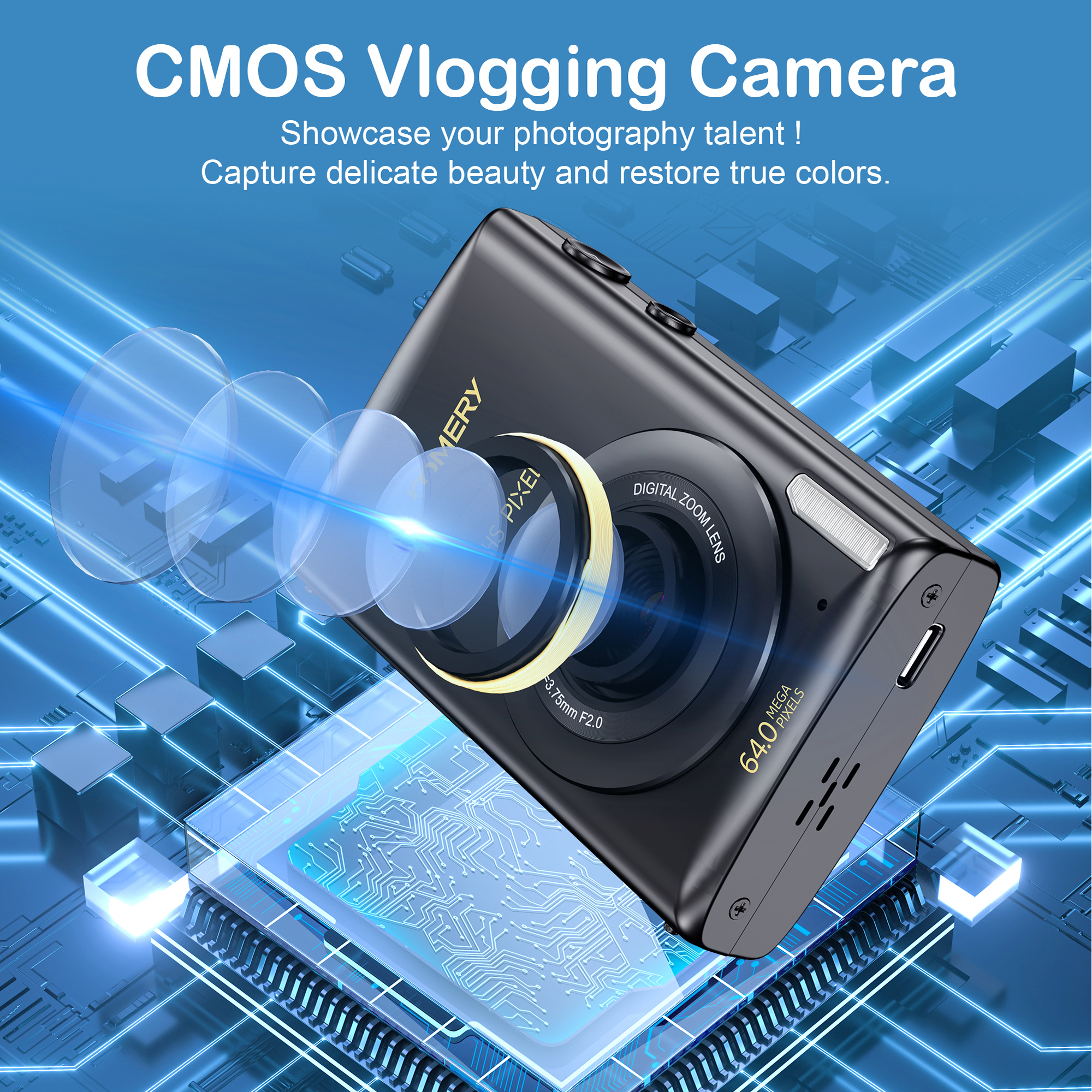 Schwarze Vlogging-Kamera mit Objektiv und Bildschirm. Blauer Hintergrund mit digitalen Elementen.