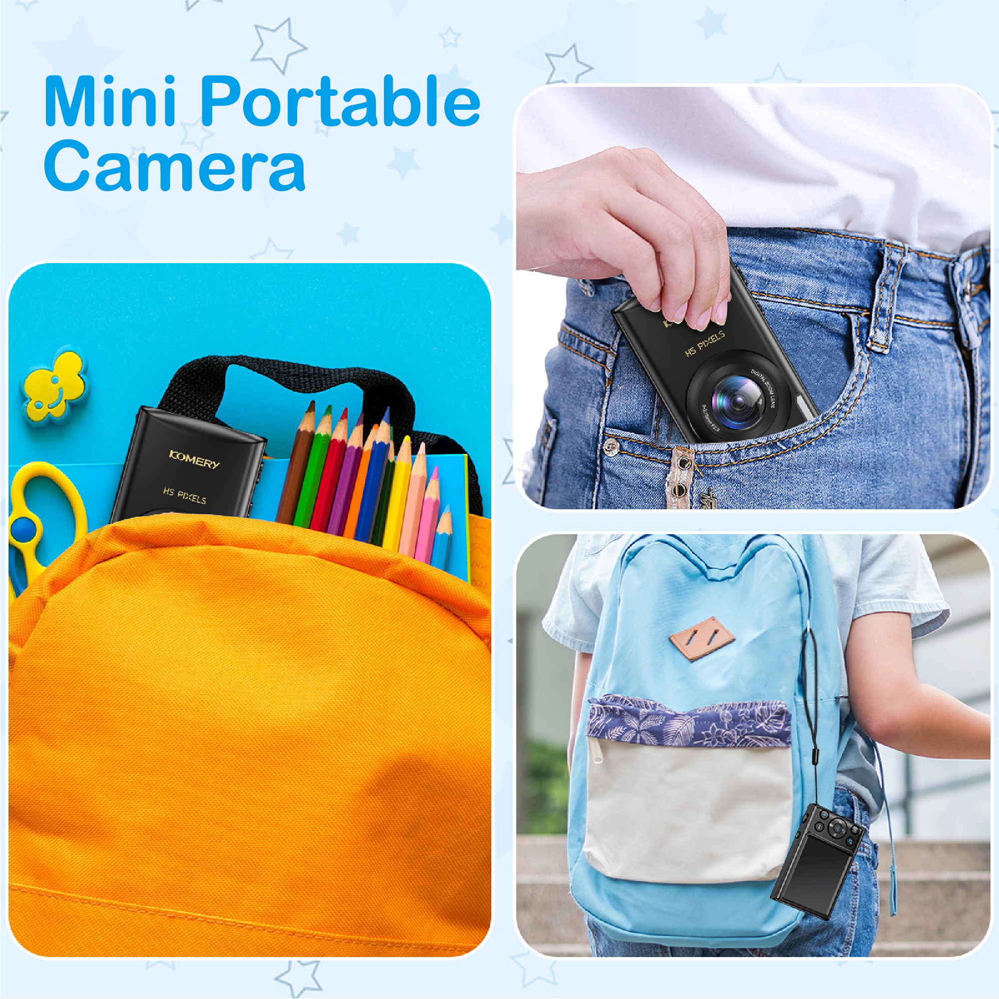 Mini-Kamera, mit Bildern der Kamera in einer Tasche, einem Rucksack und in einer Tasche.