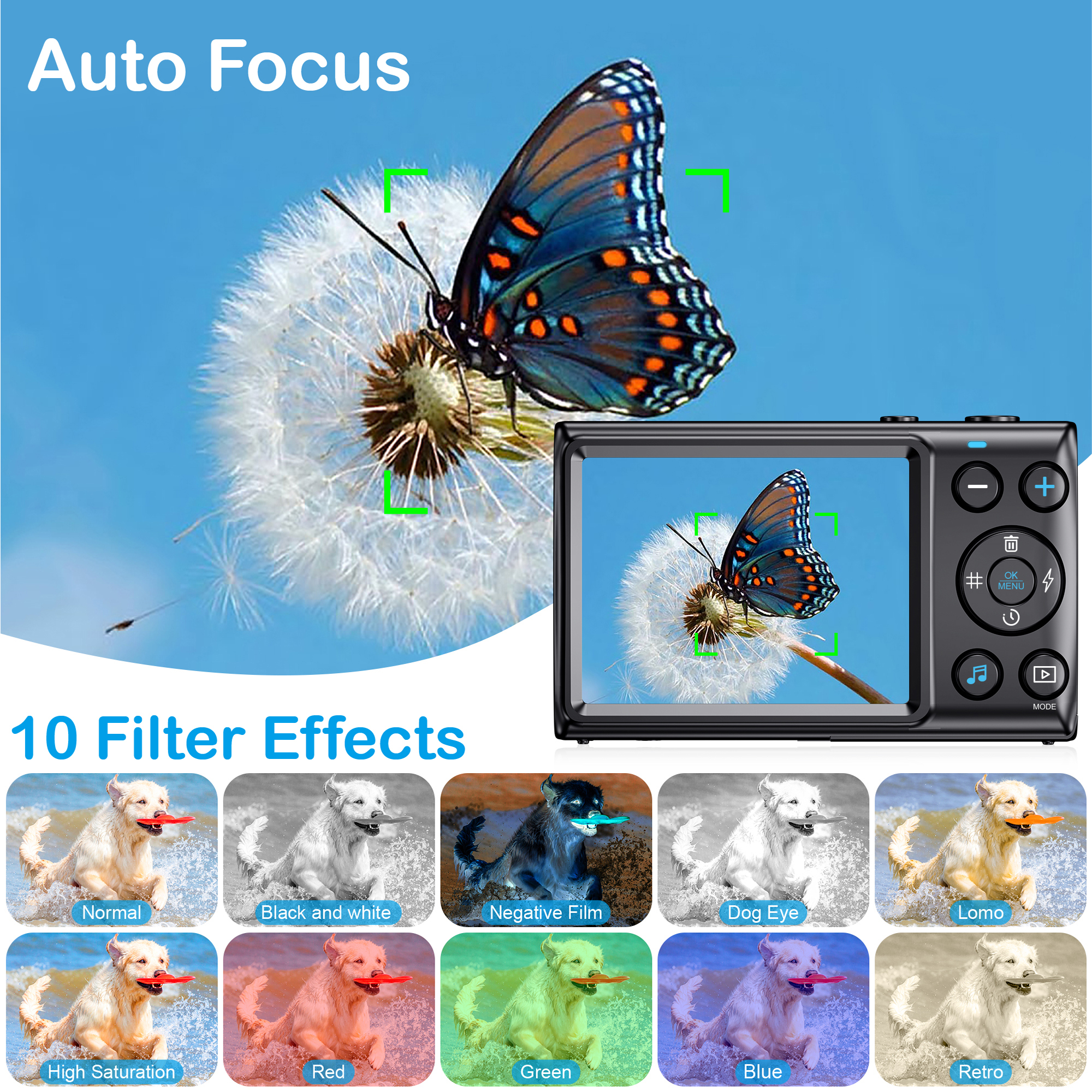 Eine Digitalkamera, die einen Schmetterling auf einem Löwenzahnsamen mit Filtereffekten zeigt.