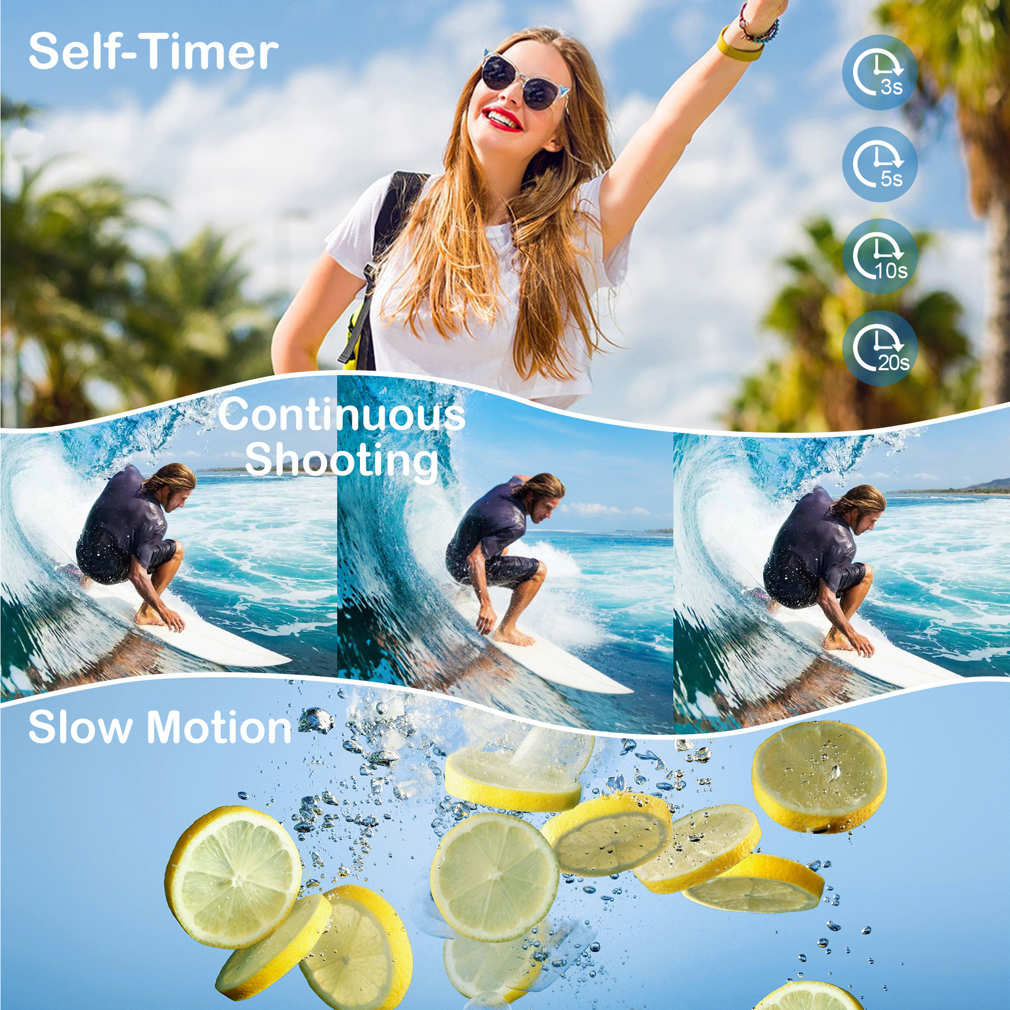 Leute surfen, Zitronen im Wasser und eine Selbstauslöser-Option. Blaues Wasser, helle Szene.