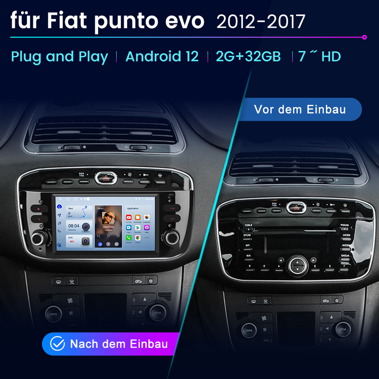 Armaturenbrett eines Autos mit und ohne Infotainment-System. Text auf Deutsch. 'Vor dem Einbau'. 'Nach dem Einbau'
