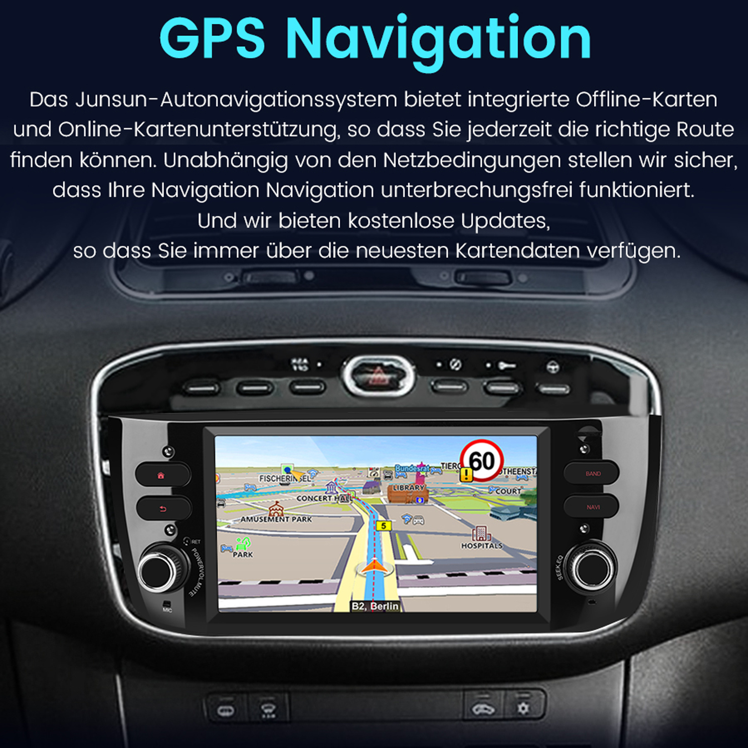 Auto-Infotainment-System mit angezeigter GPS-Navigation. Text auf Deutsch: 'GPS Navigation'