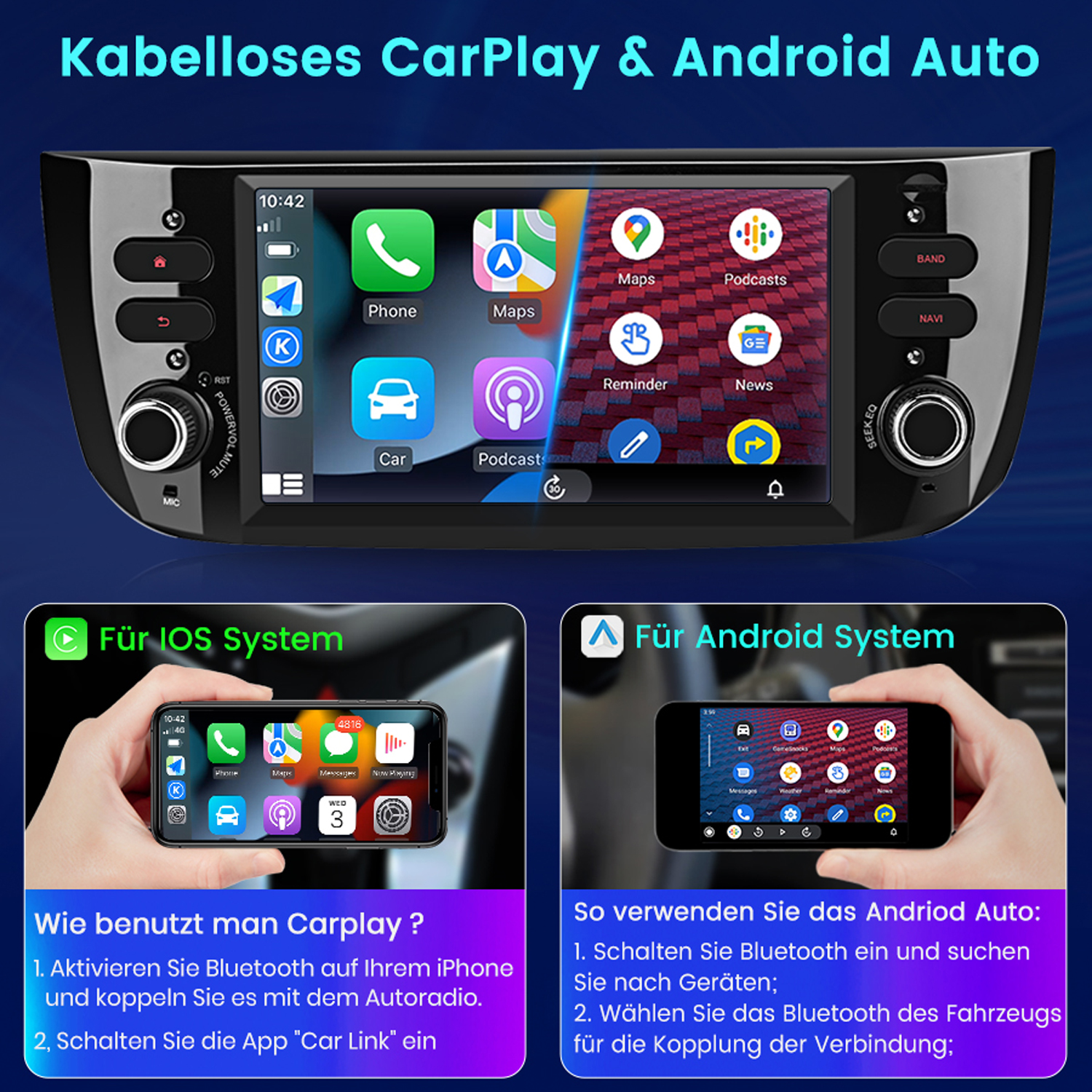 CarPlay- und Android Auto-Oberfläche auf einem Autoradio. Zwei Handys zeigen verschiedene Apps.