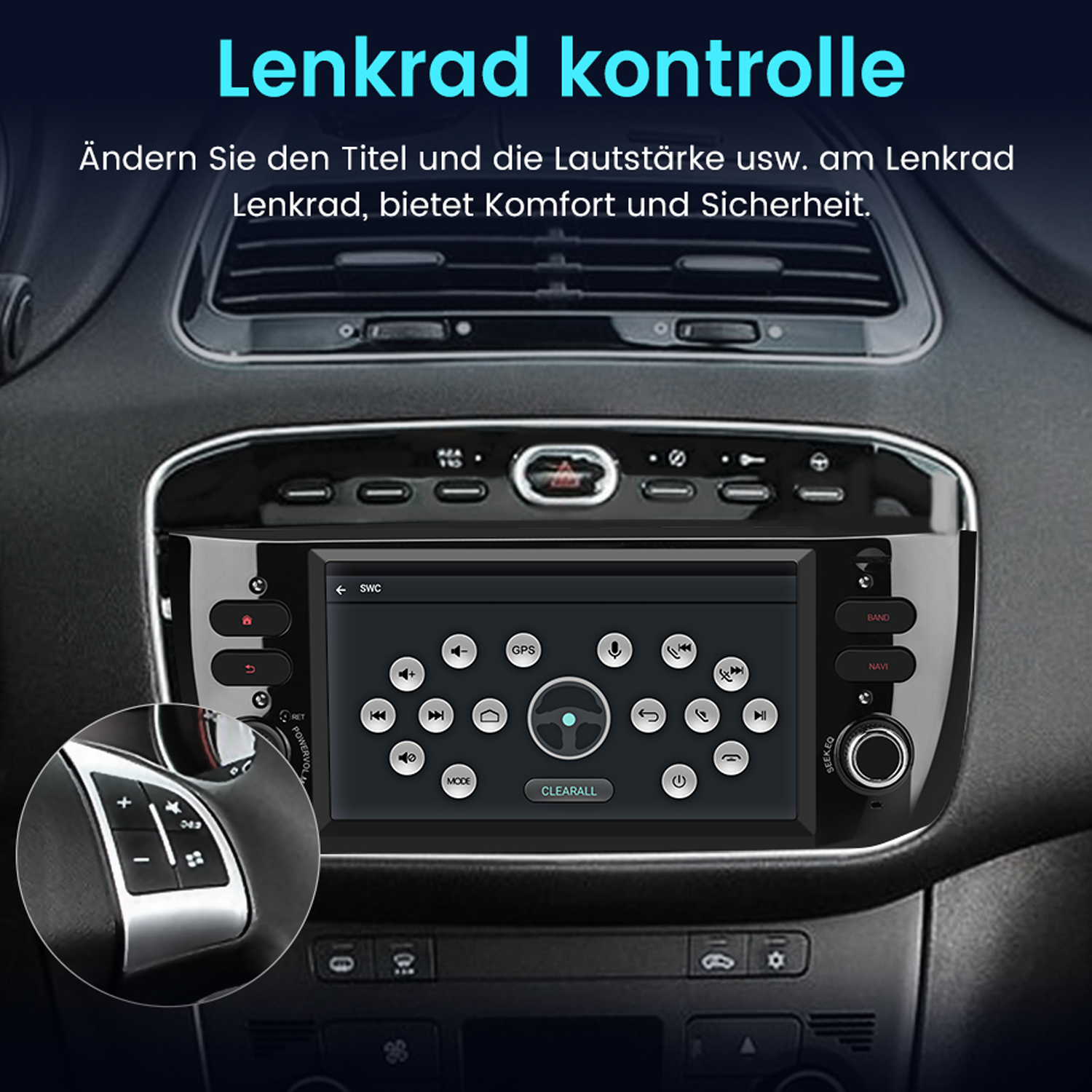 Armaturenbrett mit Bildschirm, der Navigationsfunktionen anzeigt. Lenkradbedienelemente sind ebenfalls sichtbar.