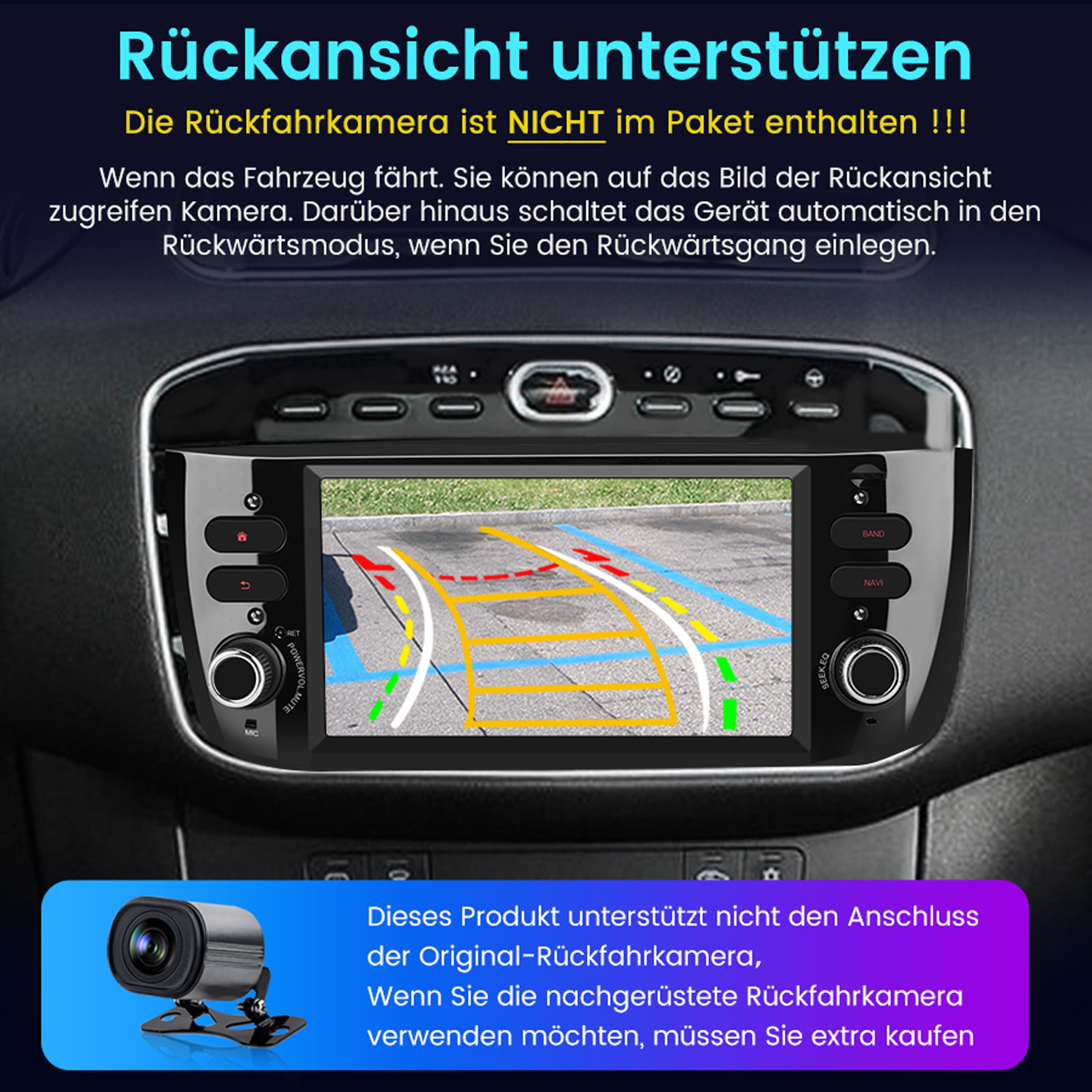 Auto-Multimedia-Bildschirm mit Rückfahrkamera-Ansicht. Deutsch: Kamera nicht enthalten.