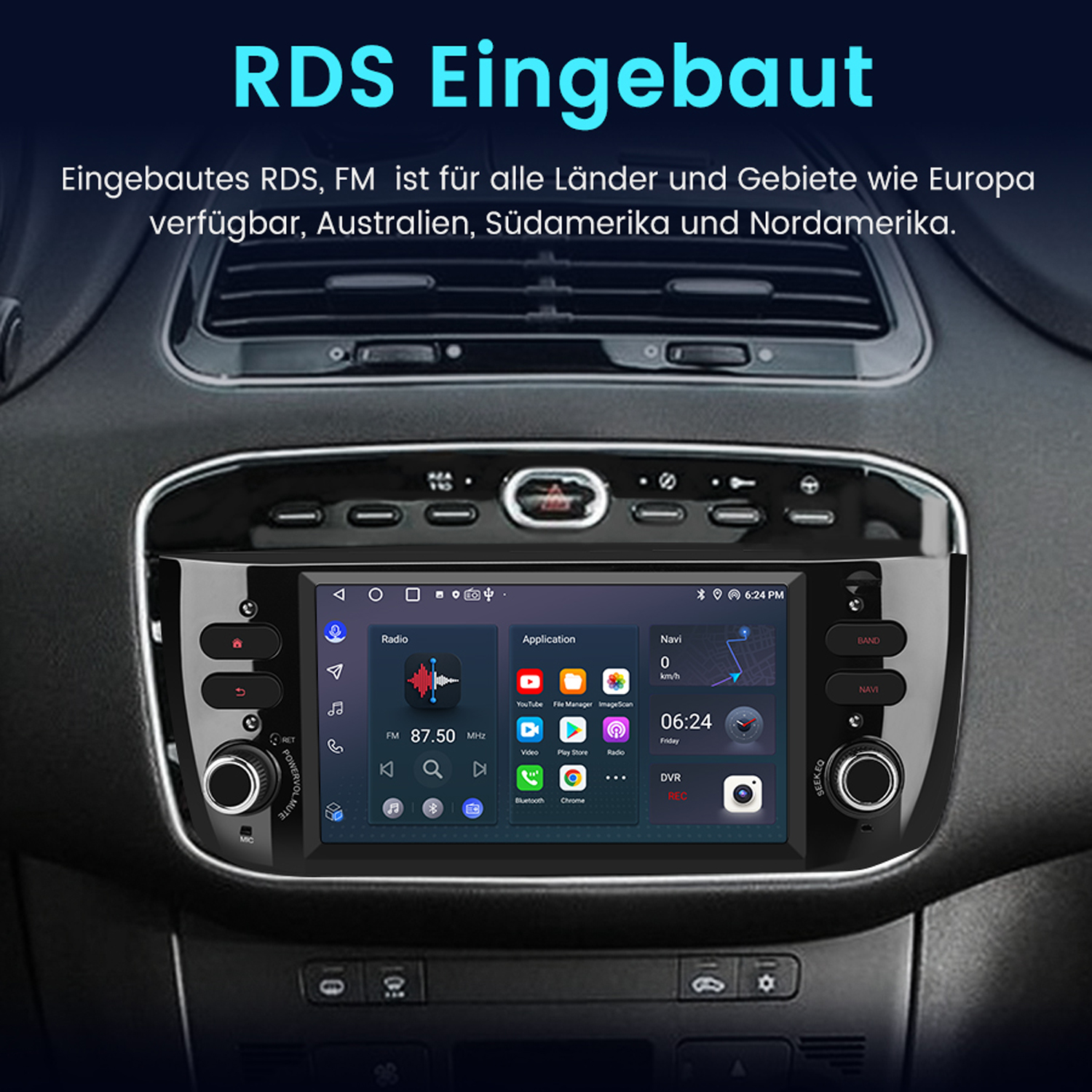 Auto-Stereo-Display mit Benutzeroberfläche und verschiedenen App-Symbolen und Navigationsdetails.