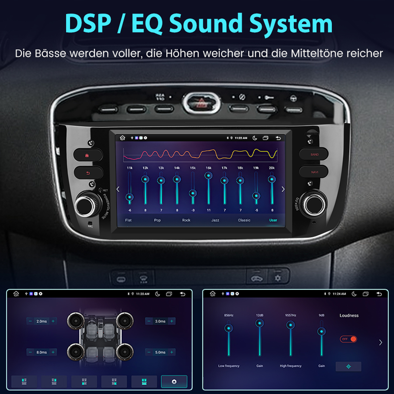 Autoradio-Bildschirm mit Equalizer-Einstellungen. Zwei kleinere Bildschirme darunter.