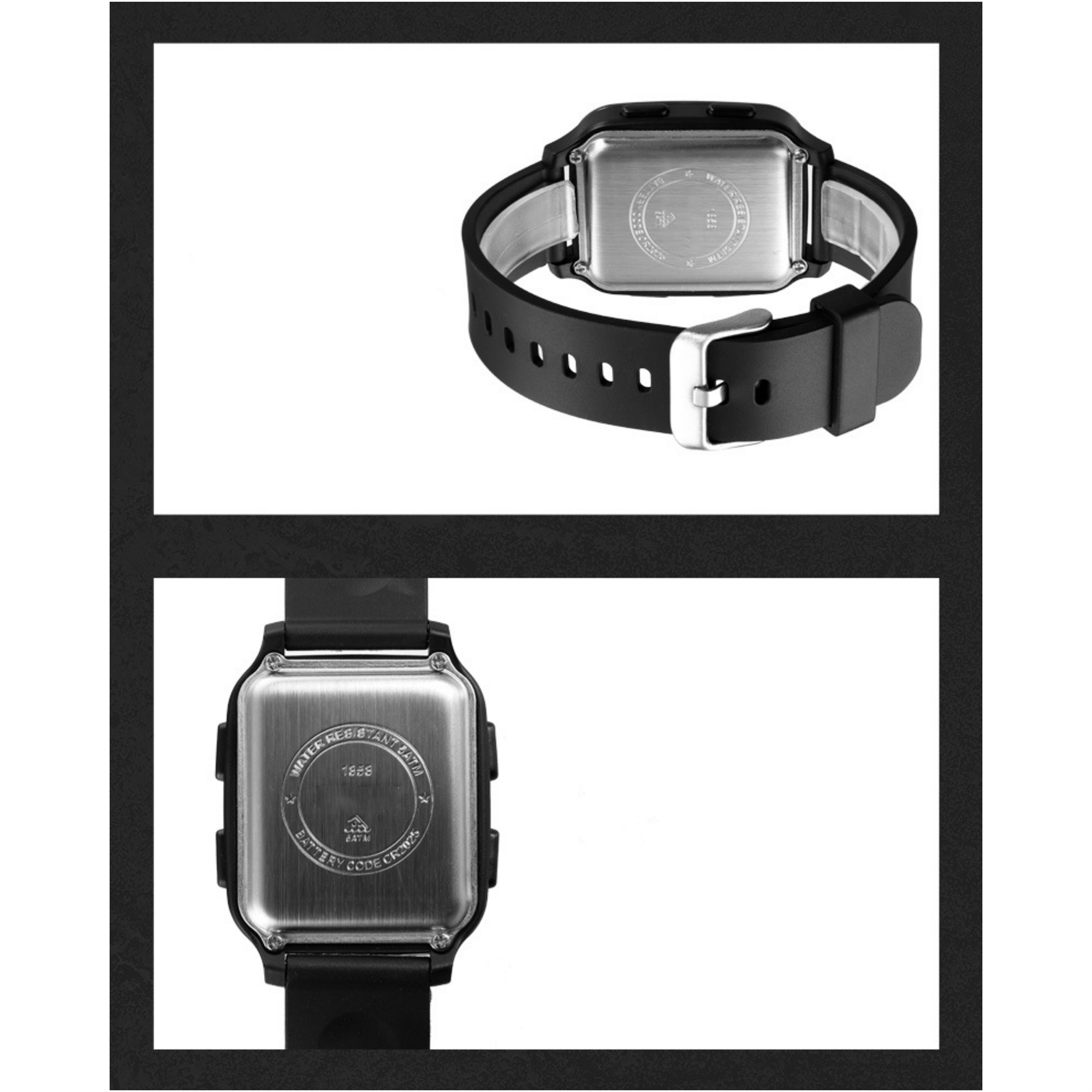 Rückseite und Armbanddetail der Uhr. Schwarze Uhr mit silberner Schnalle und Markierungen auf der Rückseite.