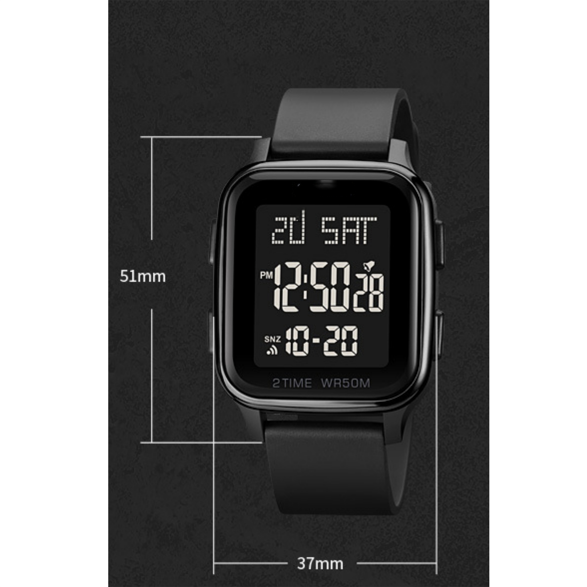 Eine schwarze Digitaluhr. Der Bildschirm zeigt Uhrzeit und Datum an. Das Armband ist ebenfalls schwarz.