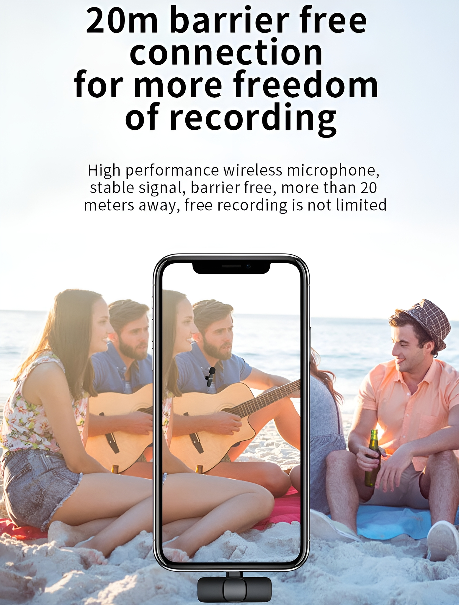 Smartphone, das Menschen mit Mikrofon am Strand zeigt. Text: Barrierefreie Verbindung für mehr Freiheit.