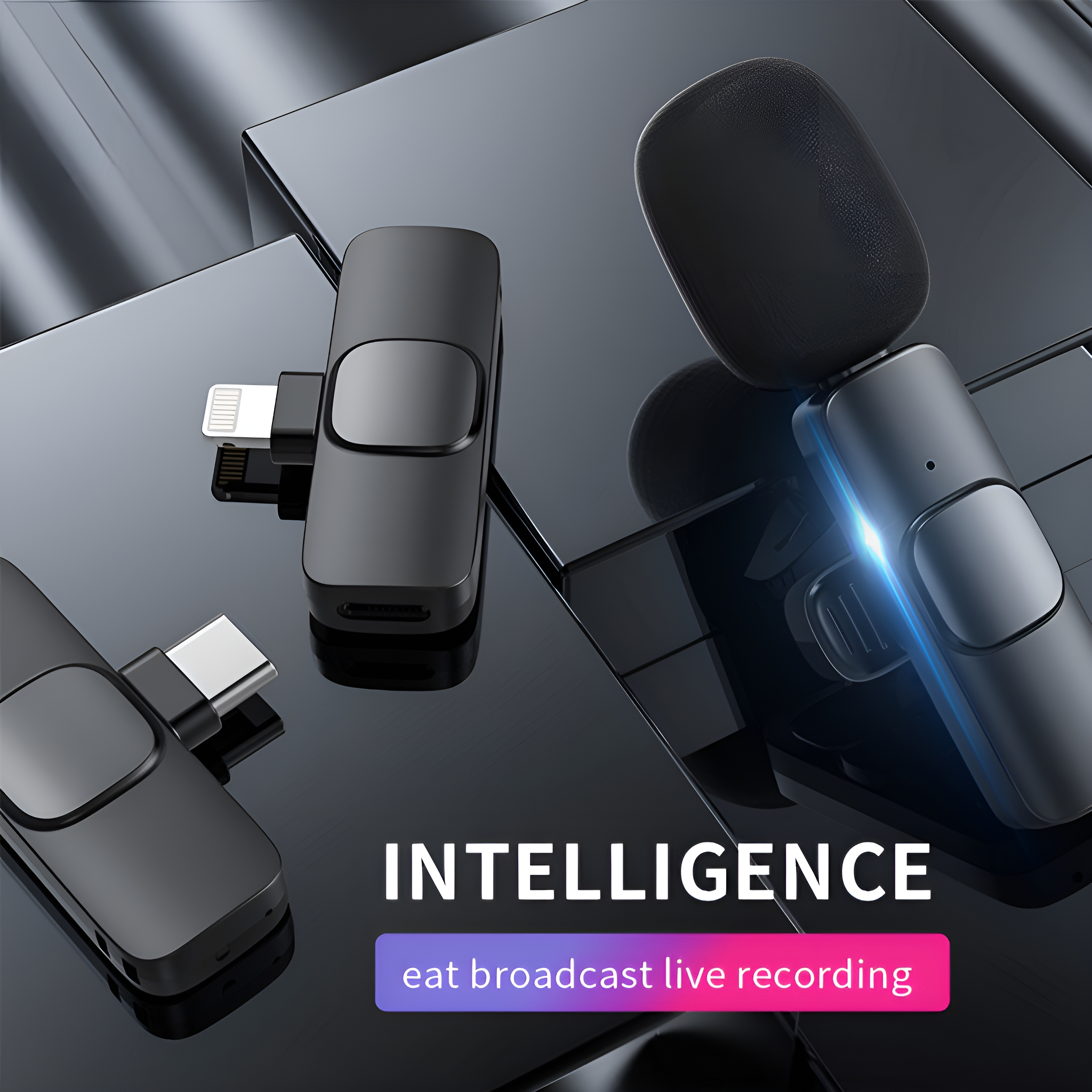 Schwarze drahtlose Mikrofone mit Ladeanschlüssen. Der Text 'INTELLIGENCE' erscheint mit einem bunten Banner darunter.