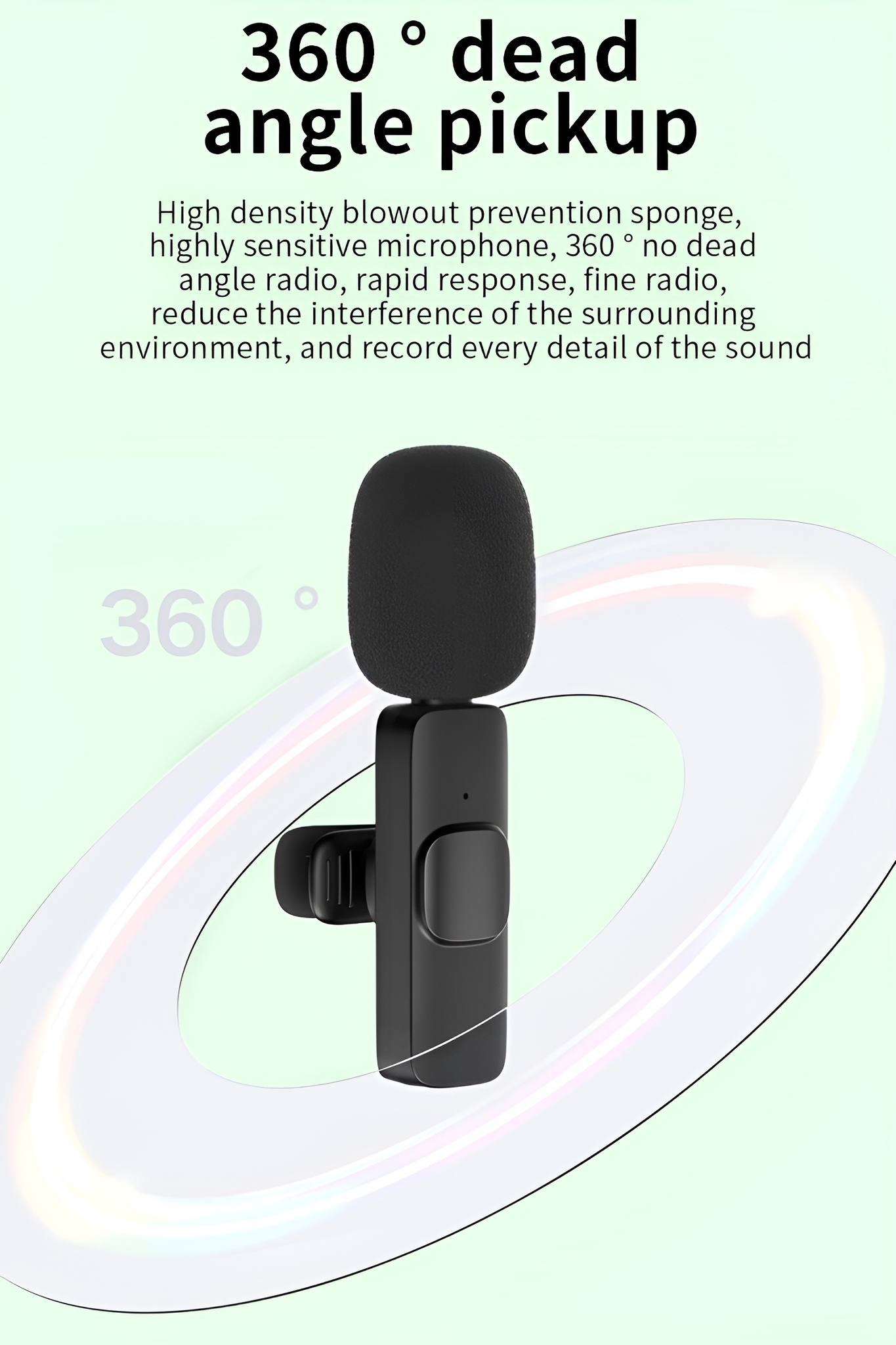 Schwarzes Mikrofon mit Text '360° dead angle pickup' und kreisförmigem Design.
