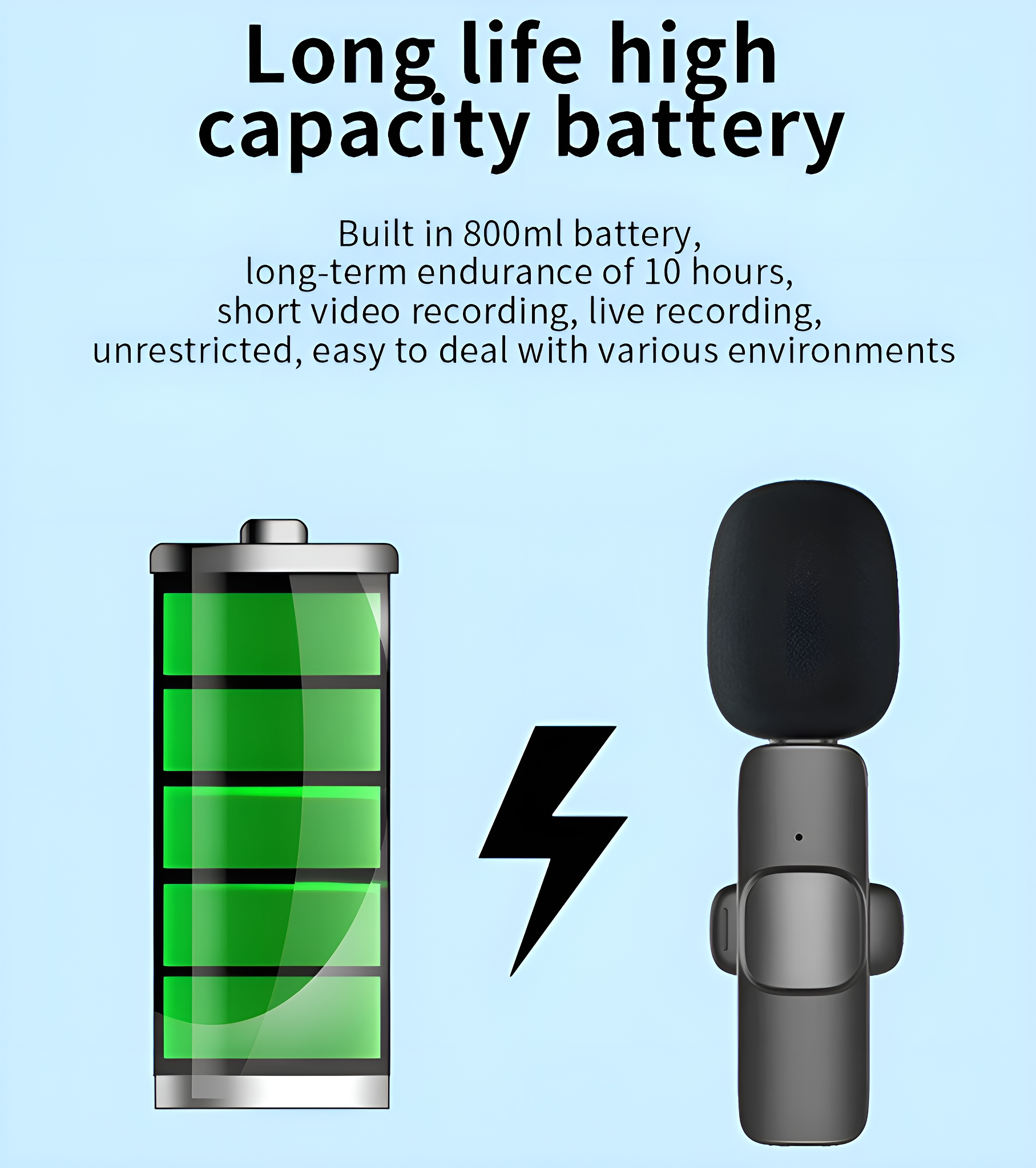 Schwarzes Mikrofon und grüne Batterie. Schwarzer Blitz auf blauem Hintergrund.
