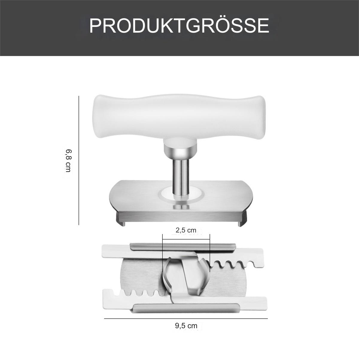 Ein weißer und silberner Glasöffner, Abmessungen angegeben. Der obere Griff, eine Basis und die gezahnten Backen sind sichtbar.