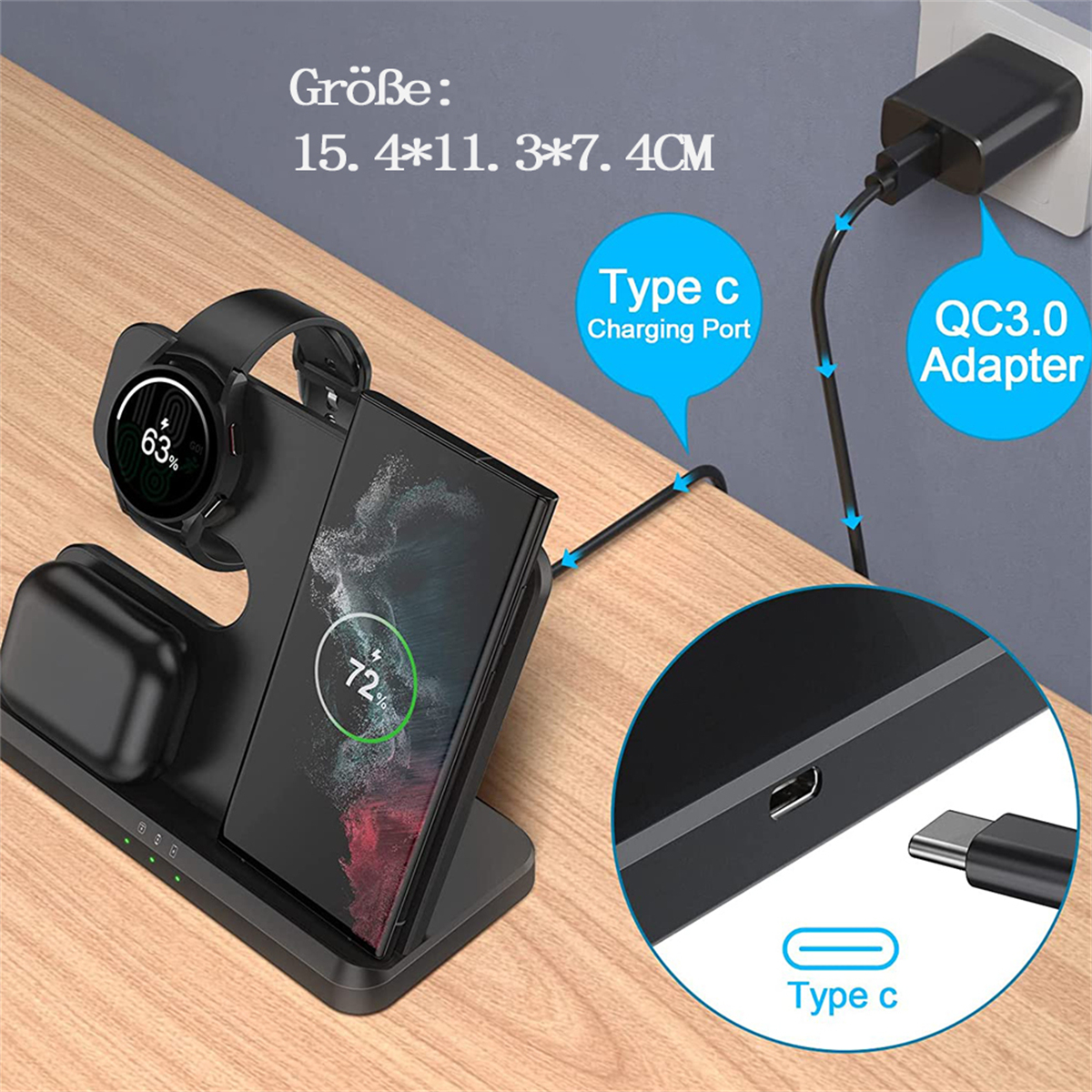 Ladestation mit Smartwatch, Telefon und Ladeanschluss. Weißes und schwarzes Design, USB-C-Kabel.
