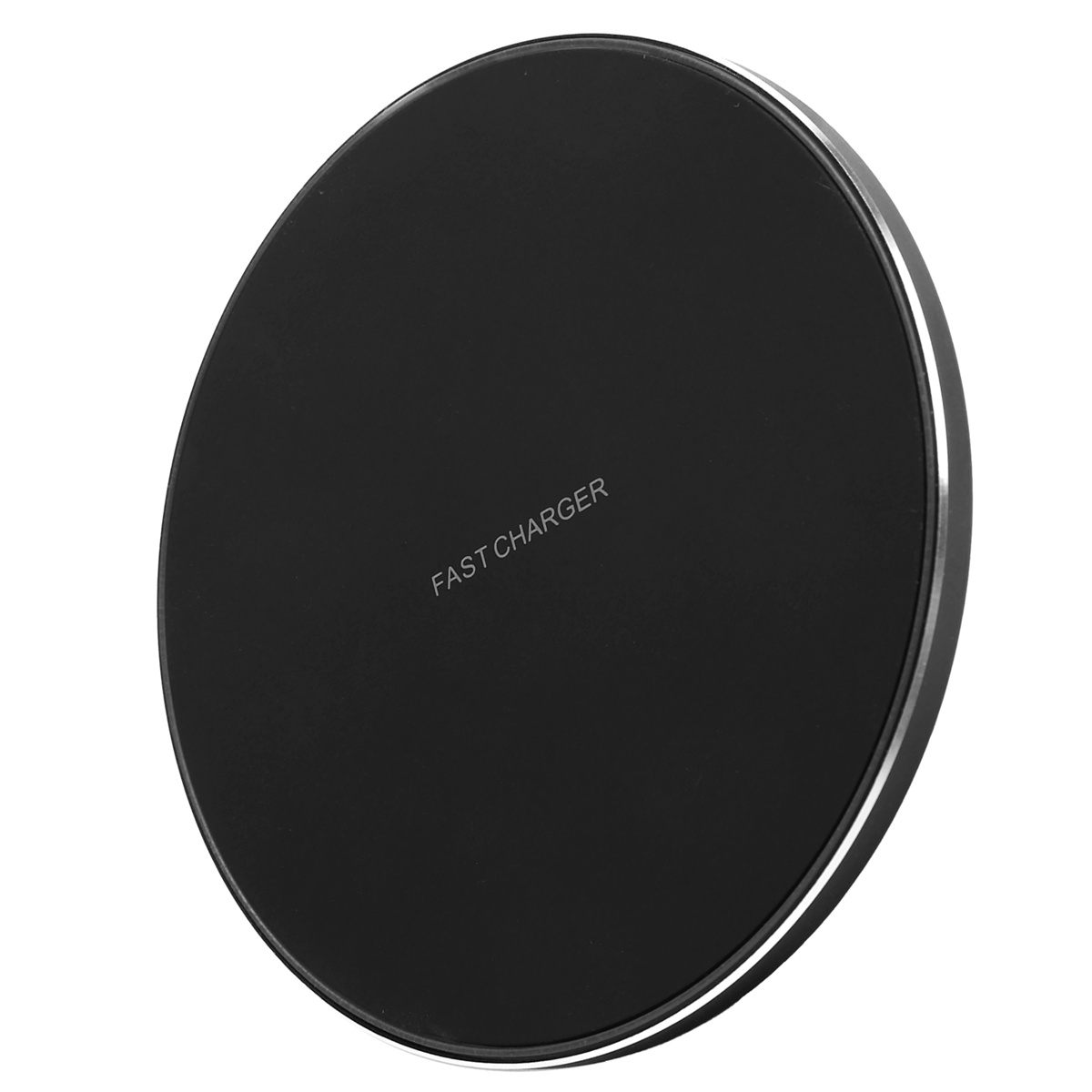 Schwarzes, rundes kabelloses Ladegerät. Text 'FAST CHARGER' ist sichtbar.