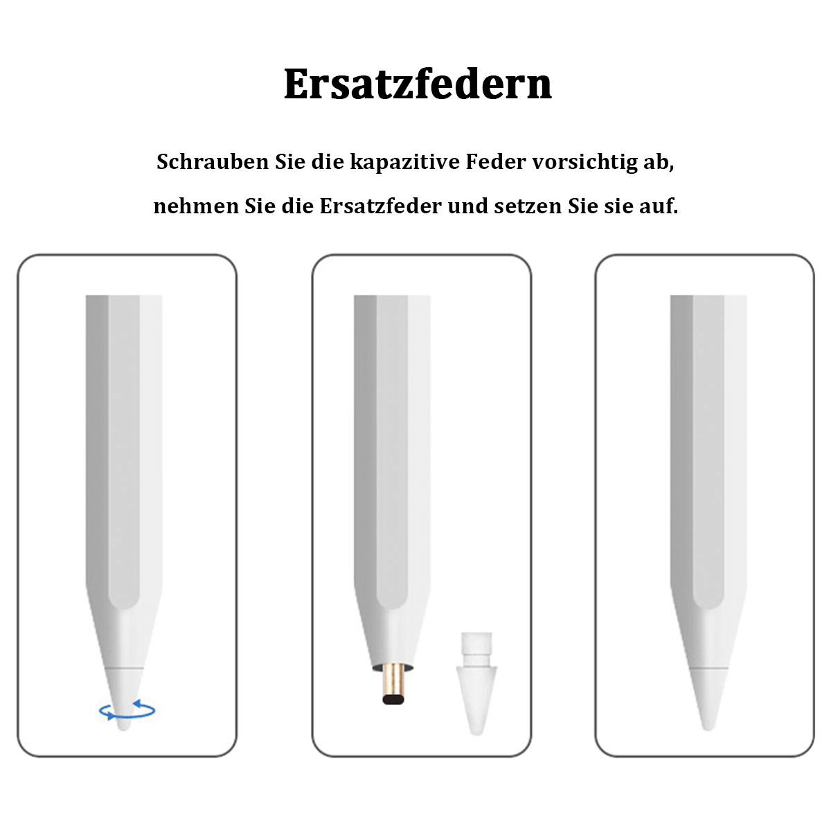 Diagramm zum Ersetzen einer Stiftspitze. Enthält Stift, Spitzenentfernung und Spitzeneinsetzen.