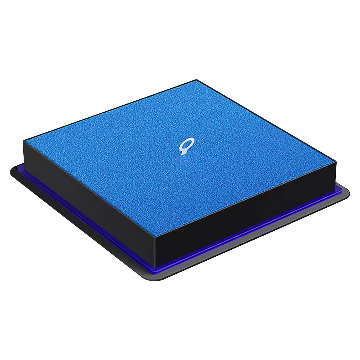 Blauer Luftfilter mit schwarzem Rahmen und blauem Innenraum. Es hat ein kleines weißes Logo in der Mitte.