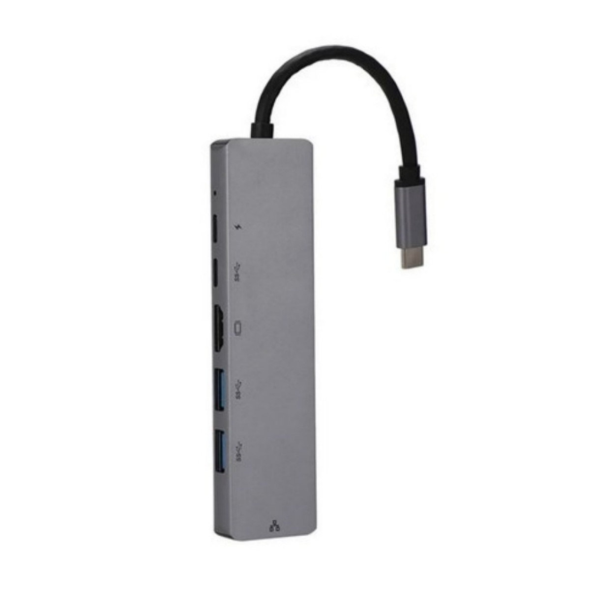 Ein silberner USB-Hub mit mehreren Anschlüssen und einem schwarzen Kabel mit USB-C-Anschluss.