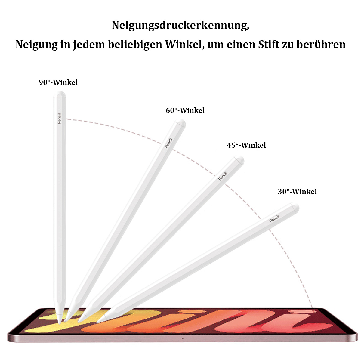 Diagramm, das einen Stift in verschiedenen Winkeln auf einem Tablet-Bildschirm zeigt.