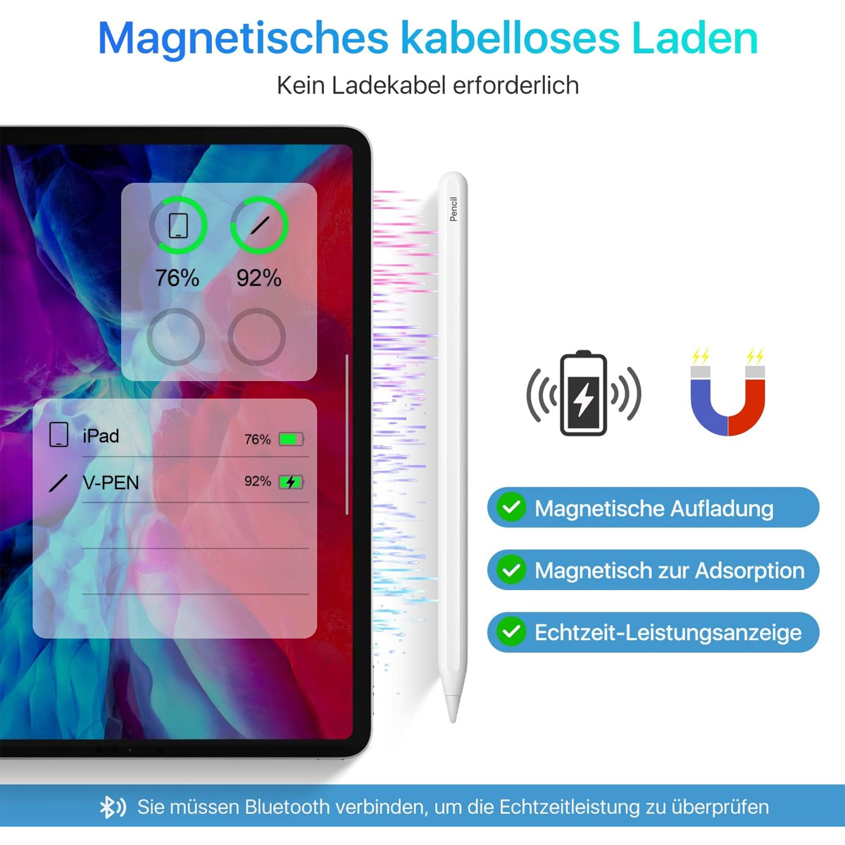 Bild zeigt ein Tablet mit Ladestatus und Stift, mit dem Text 'Magnetisches kabelloses Laden'.