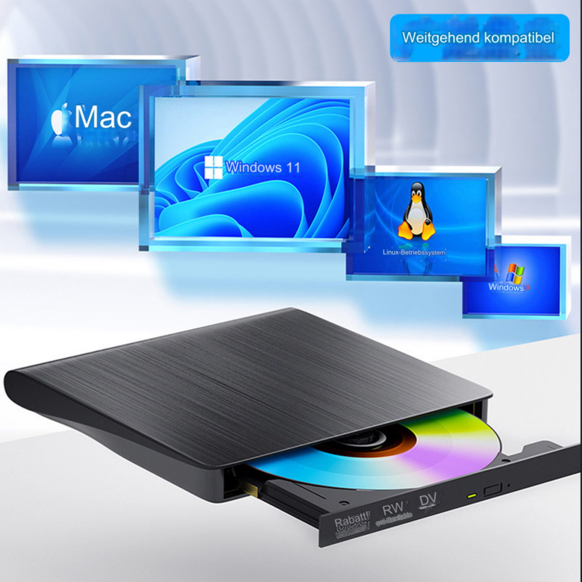 Schwarzes DVD-Laufwerk mit eingelegter Disc. Hintergrund zeigt verschiedene Computersystemsymbole.