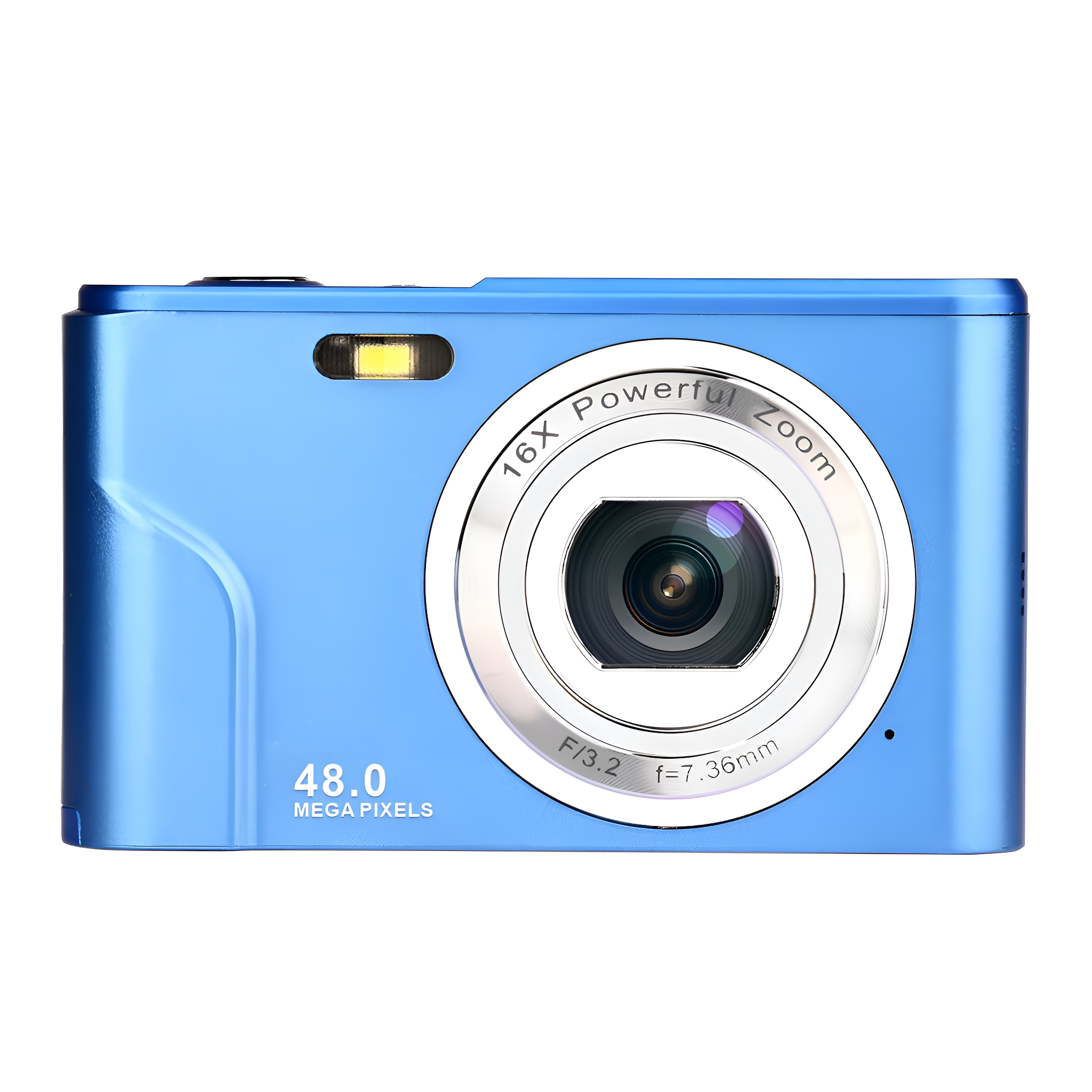 Eine blaue Digitalkamera mit silbernem Objektiv und Display. Sie hat den Text '48.0 MEGA PIXELS'.