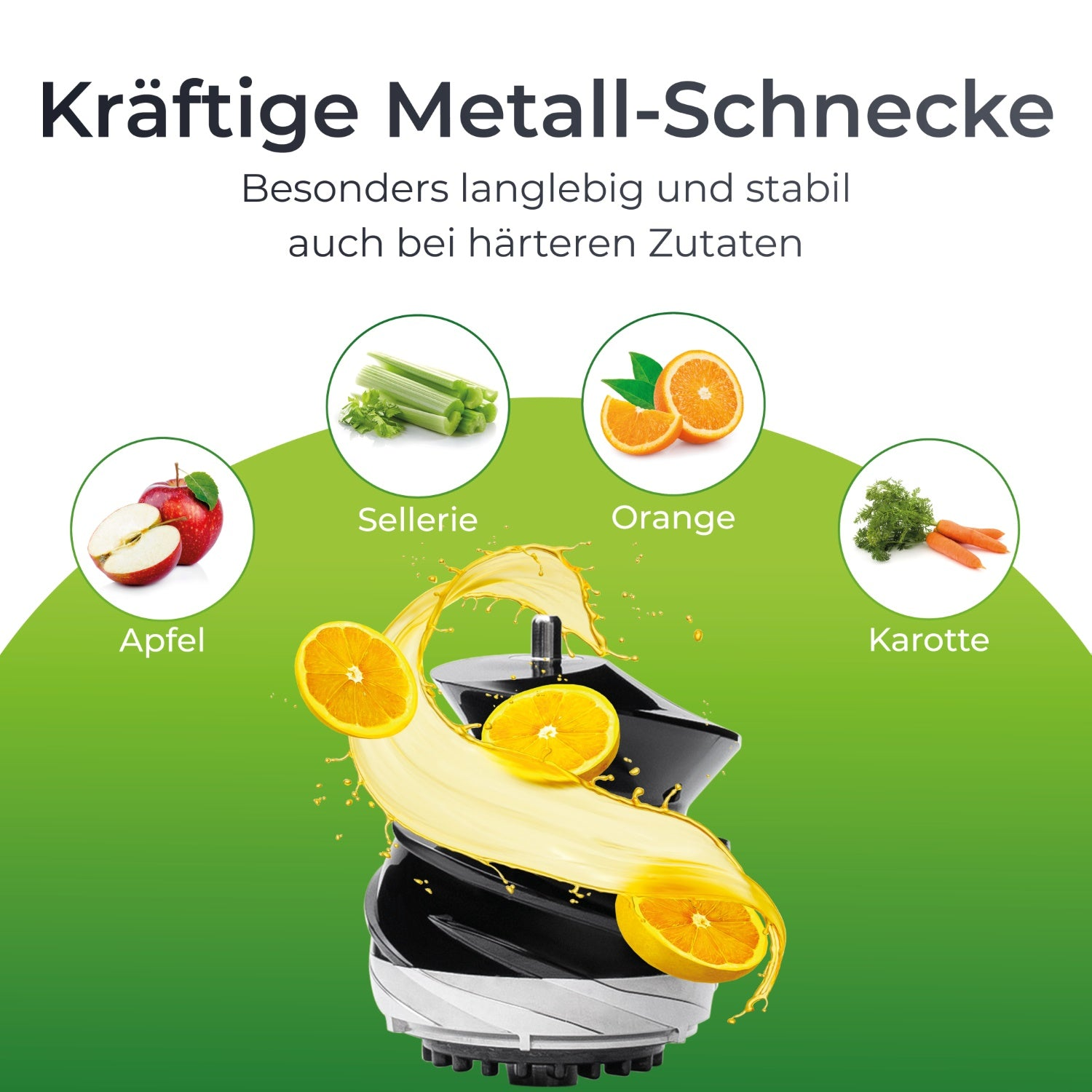 Entsafter mit Apfel, Sellerie, Orange und Karotten-Illustrationen.