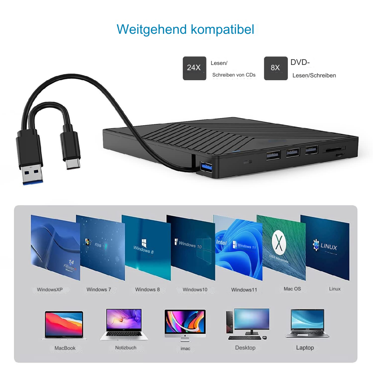 Schwarzes externes DVD-Laufwerk mit USB-Anschlüssen und Computeranschluss.
