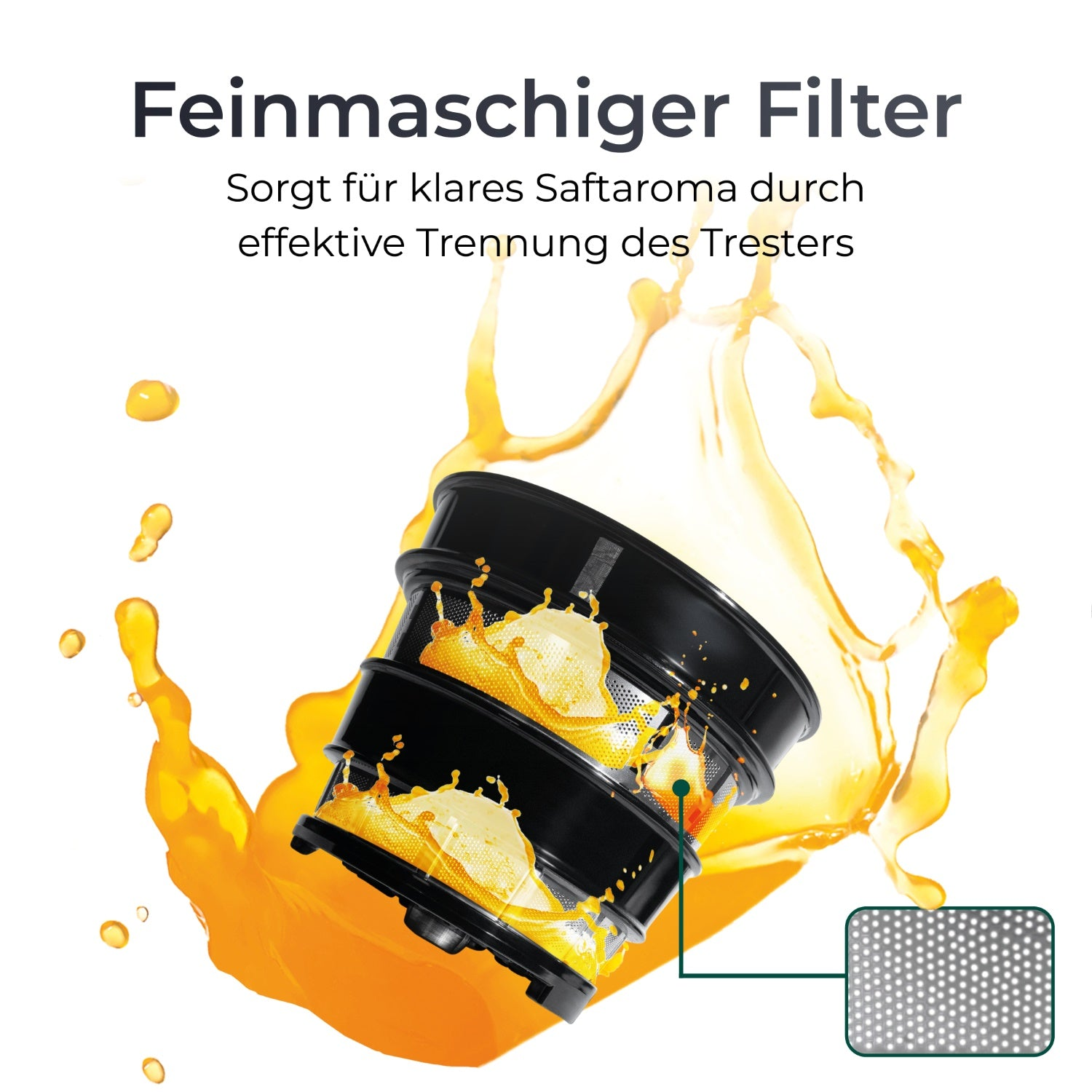 Zwei schwarze Filter mit Saftspritzern. Text beschreibt Filterfunktion.