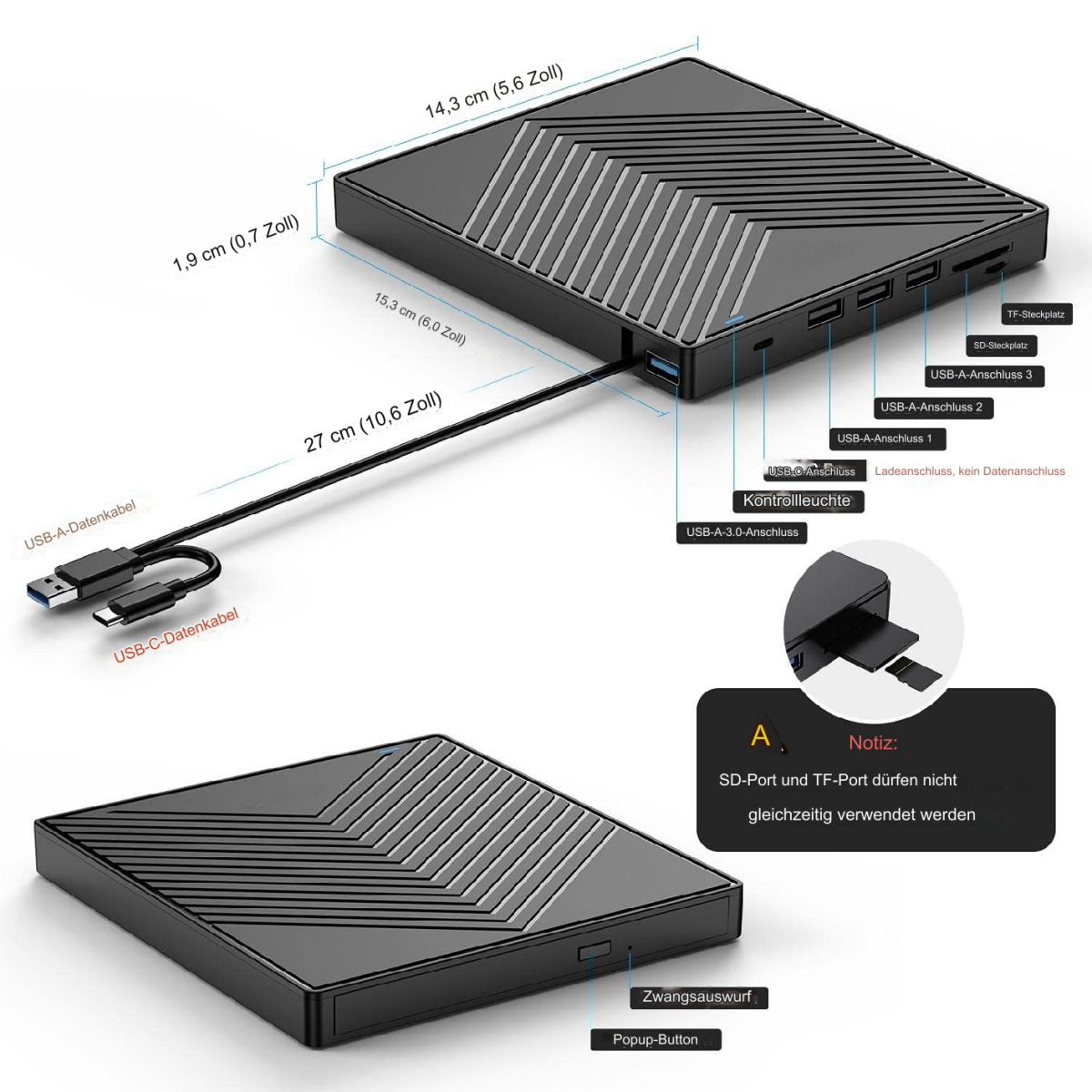 Schwarze externe Festplatte mit Anschlüssen und USB-Kabel, mit Etiketten.