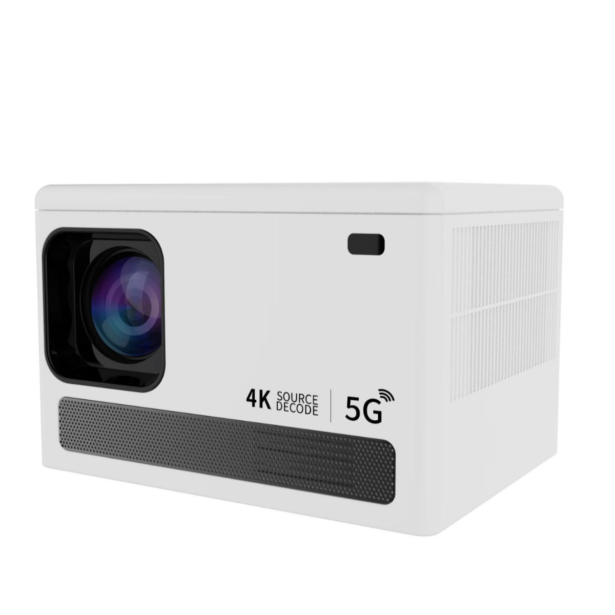 Ein weißer Projektor mit schwarzer Front. Es hat 4K, 5G-Decodierungsetiketten.