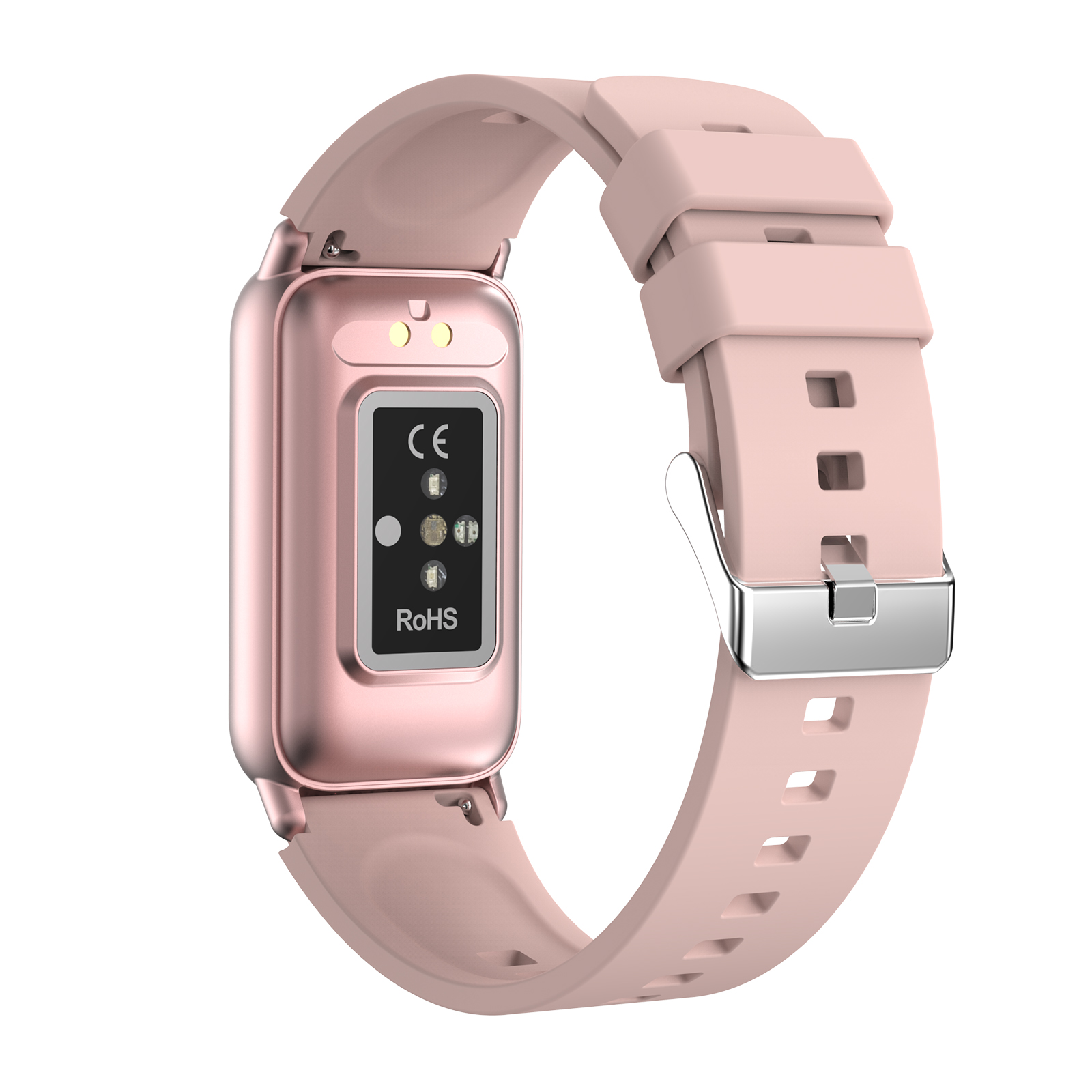 Różowy smartwatch z różowym paskiem. Tło jest białe.