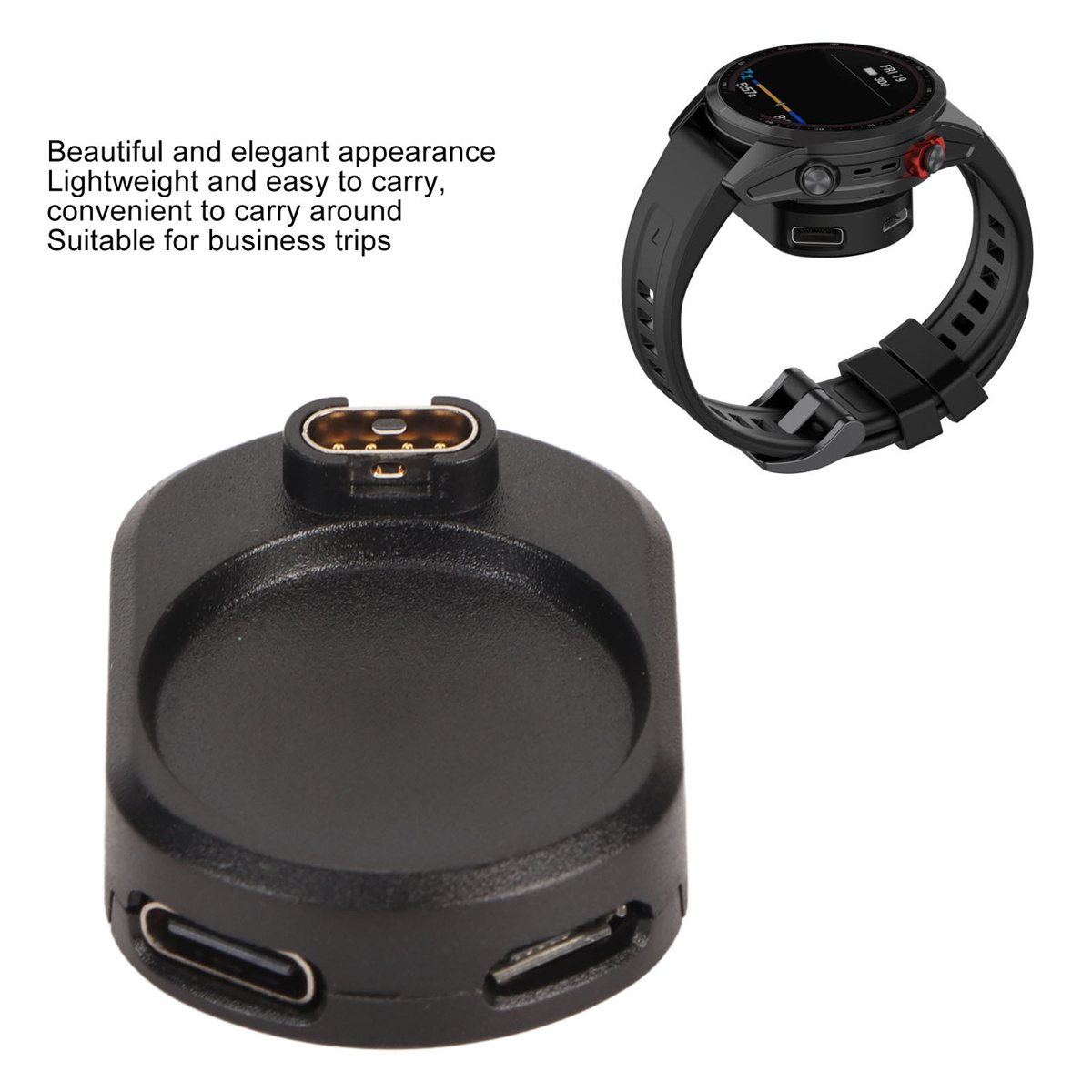 Schwarzes Uhrenladegerät mit USB-Anschlüssen. Eine Smartwatch ist rechts.