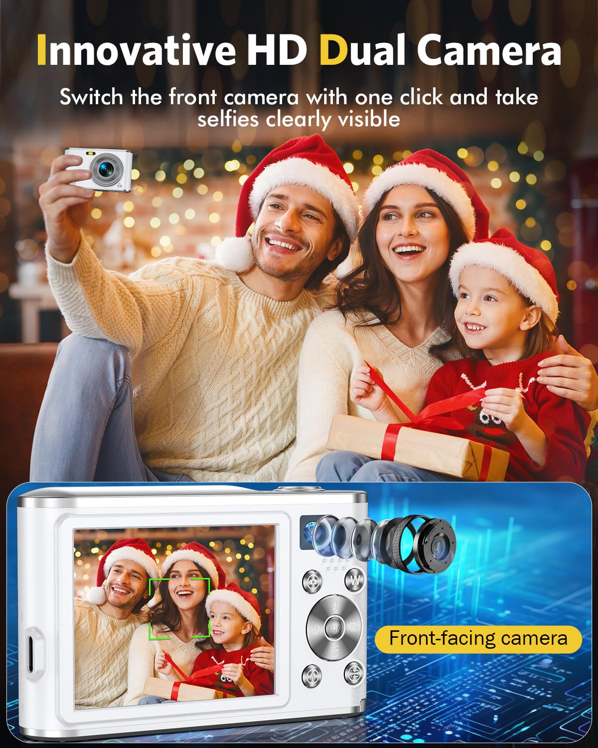 Rodzina robi sobie selfie aparatem. Aparat wyświetla zrobione zdjęcie. Rodzina ma na sobie czapki Świętego Mikołaja.