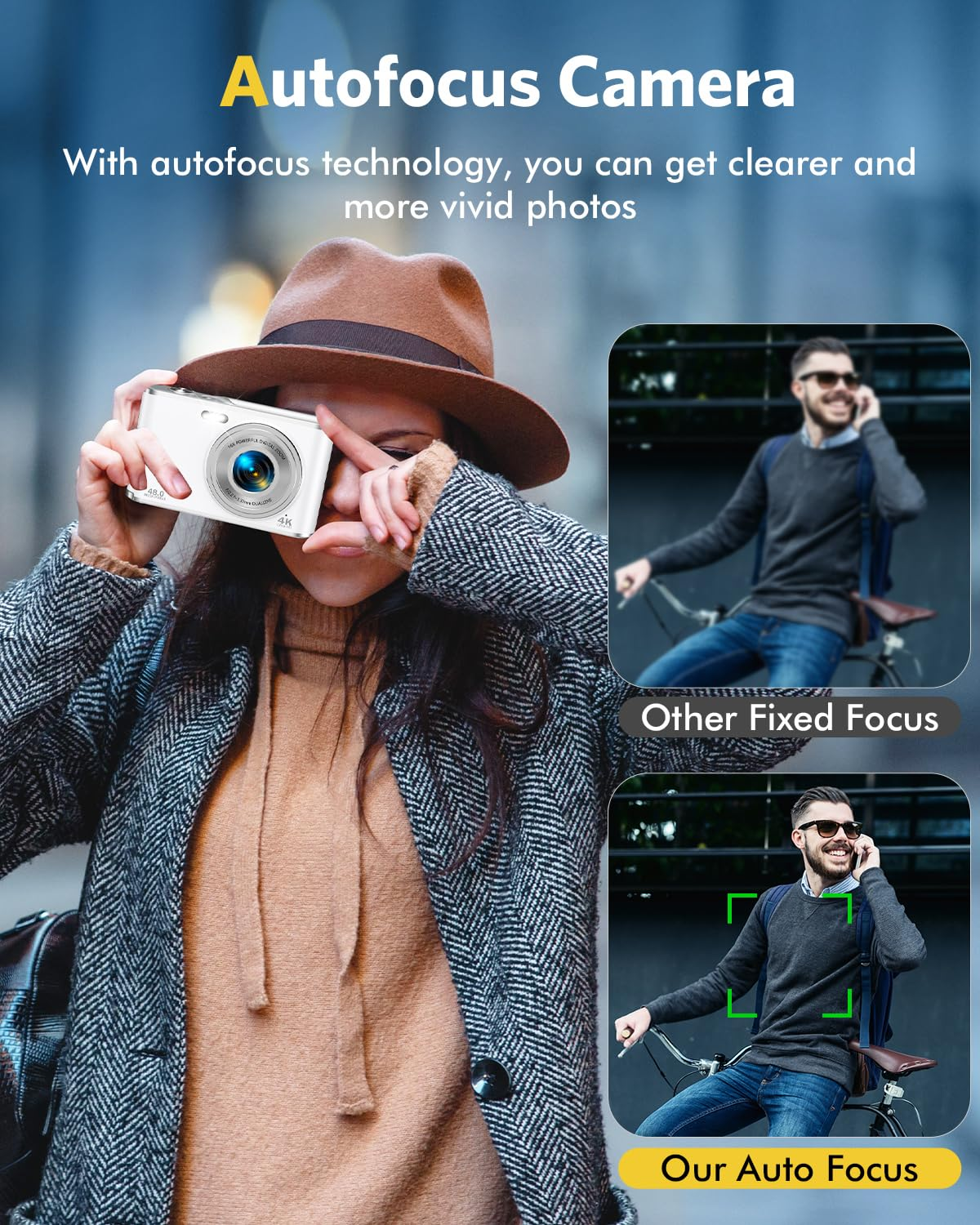 Kobieta robiąca zdjęcie białym aparatem, porównanie z rozmytym obrazem.