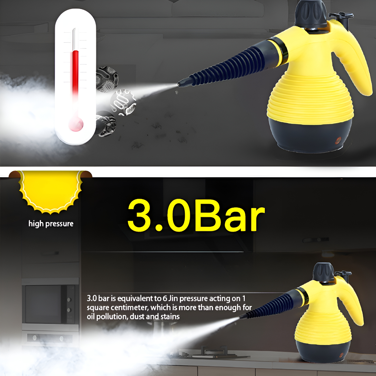 Gelb-schwarzer Dampfreiniger. 3.0 Bar werden angezeigt. Links ist eine Thermometergrafik. Der Hintergrund ist eine Küche.