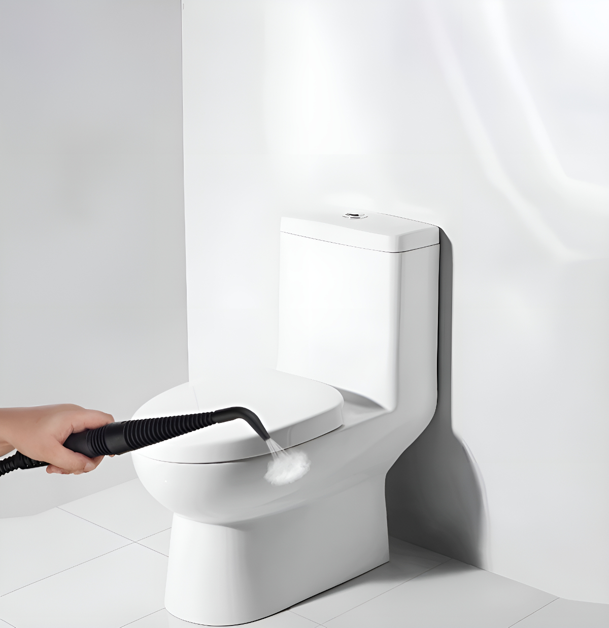 Eine Person reinigt eine weiße Toilette mit einem Dampfreiniger, weißer Hintergrund.