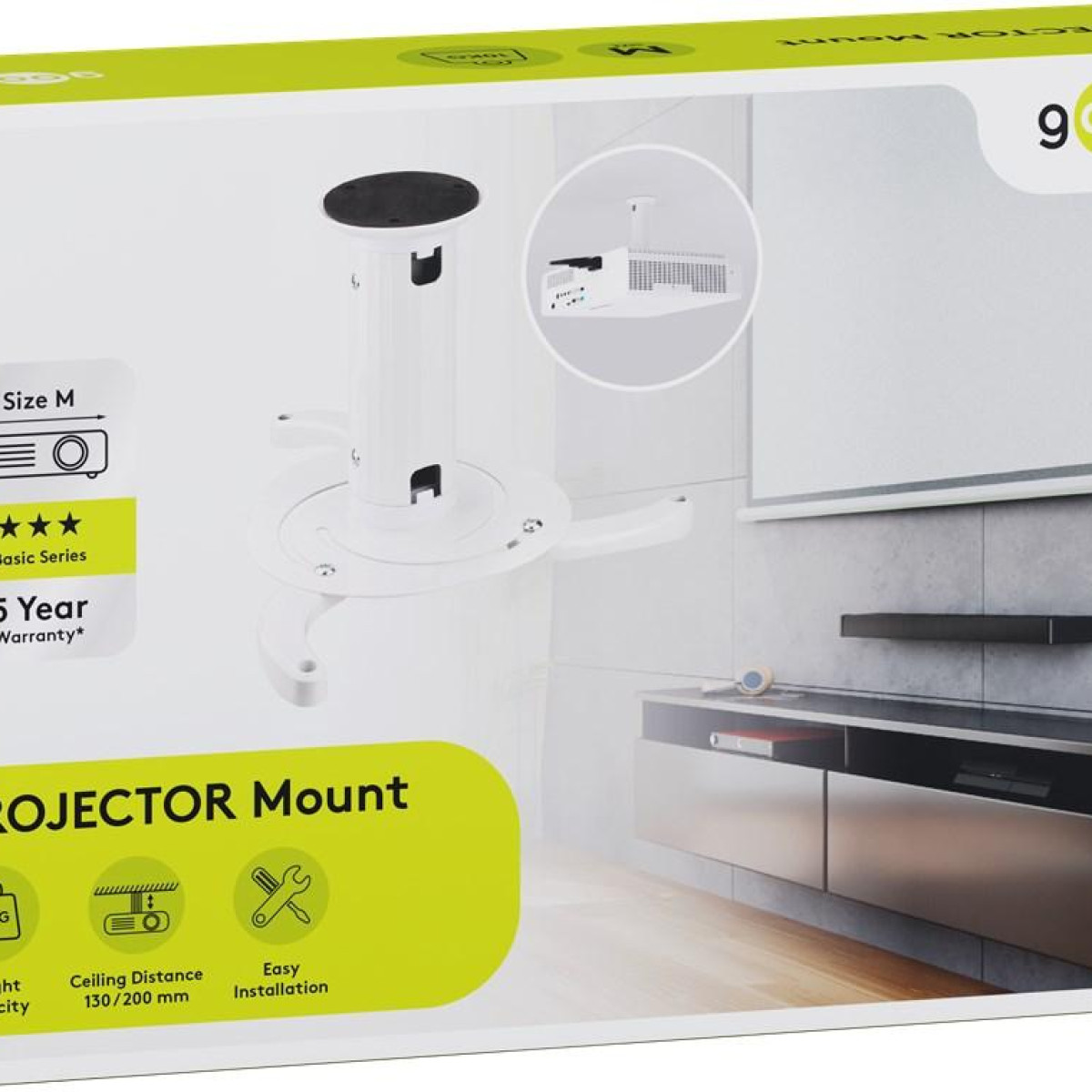 Białe pudełko do montażu projektora z uchwytem do projektora w środku i grafiką.