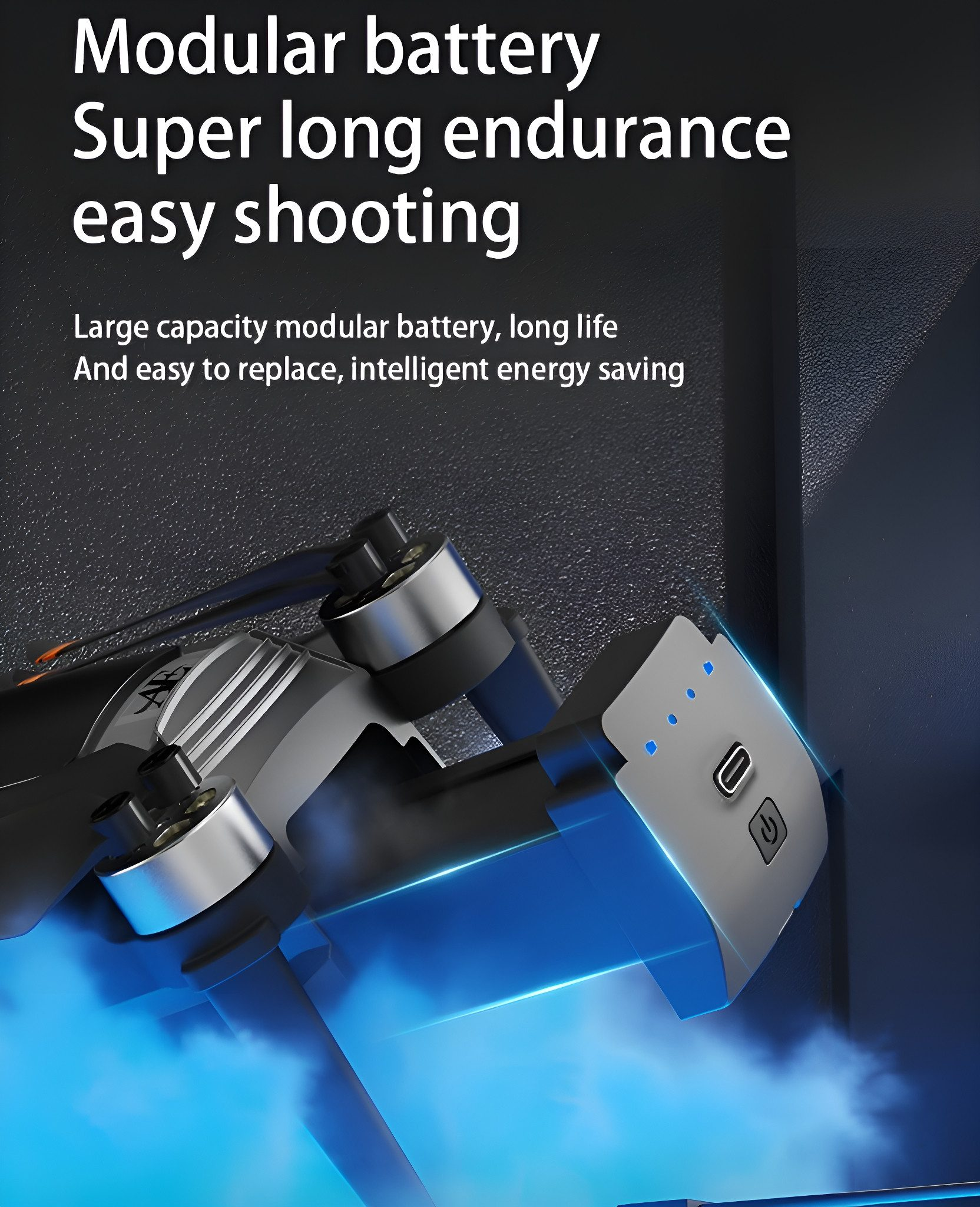 Drohne mit Text: Modulare Batterie, super lange Ausdauer, einfaches Schießen. Schwarz und Silber.