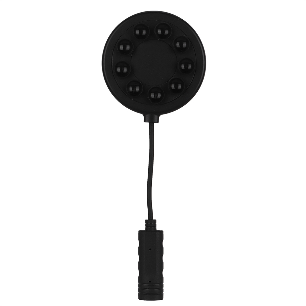 Ein schwarzer Kopfmassagegerät mit Kabel und Stecker. Die Oberseite hat 10 Massageknoten.