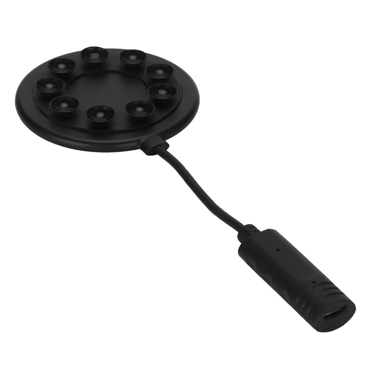 Schwarzes, rundes Gerät mit Saugnäpfen und Kabel, vermutlich für ein Telefon. Schwarzer Hintergrund.