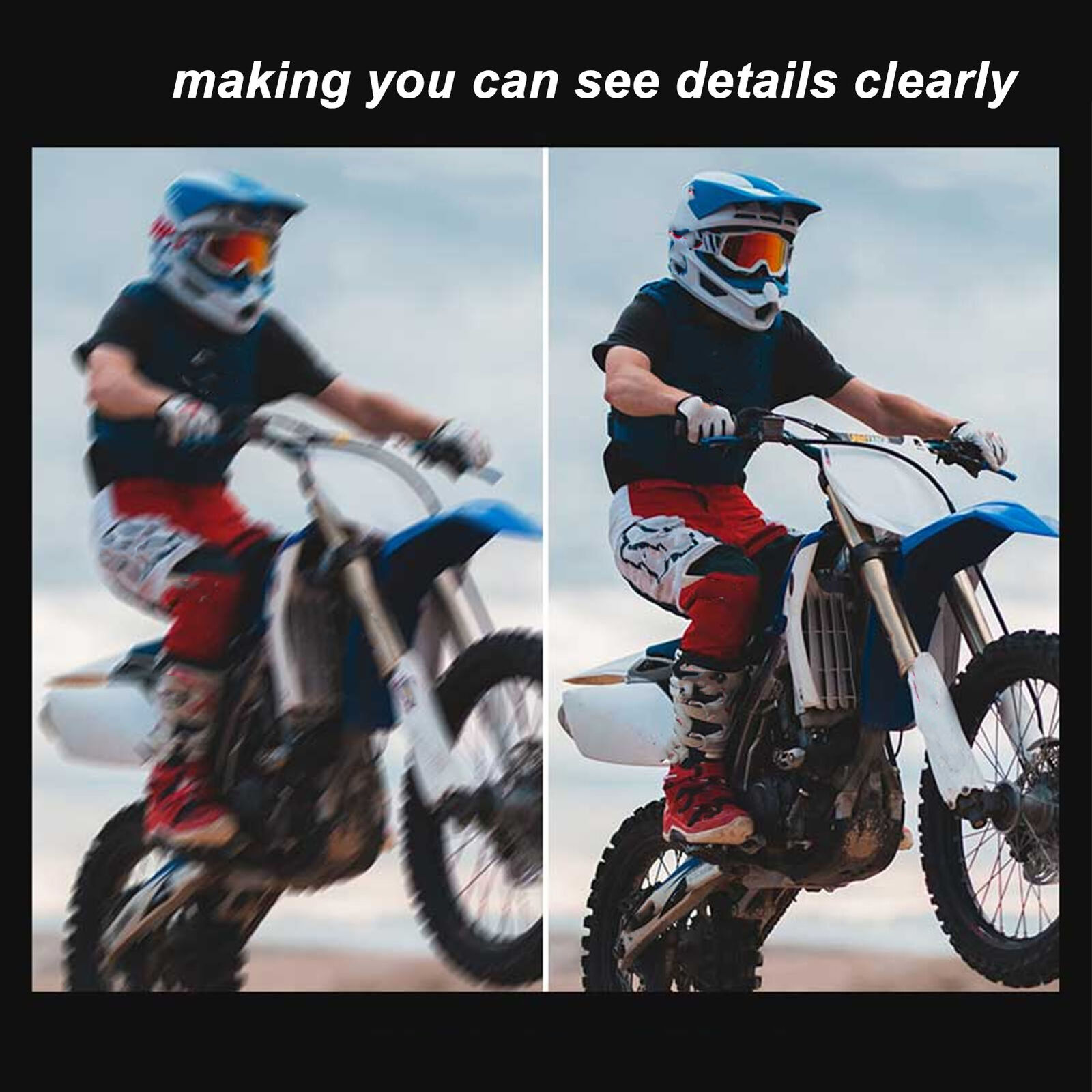 Porównanie zdjęć rozmytego i ostrego motocyklisty na motocyklu.