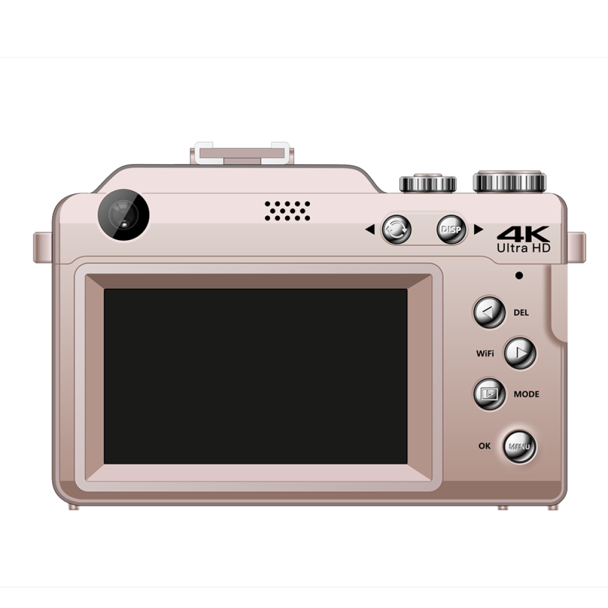 Różowy aparat cyfrowy z obiektywem, przyciskami i ekranem, na czarnym tle.