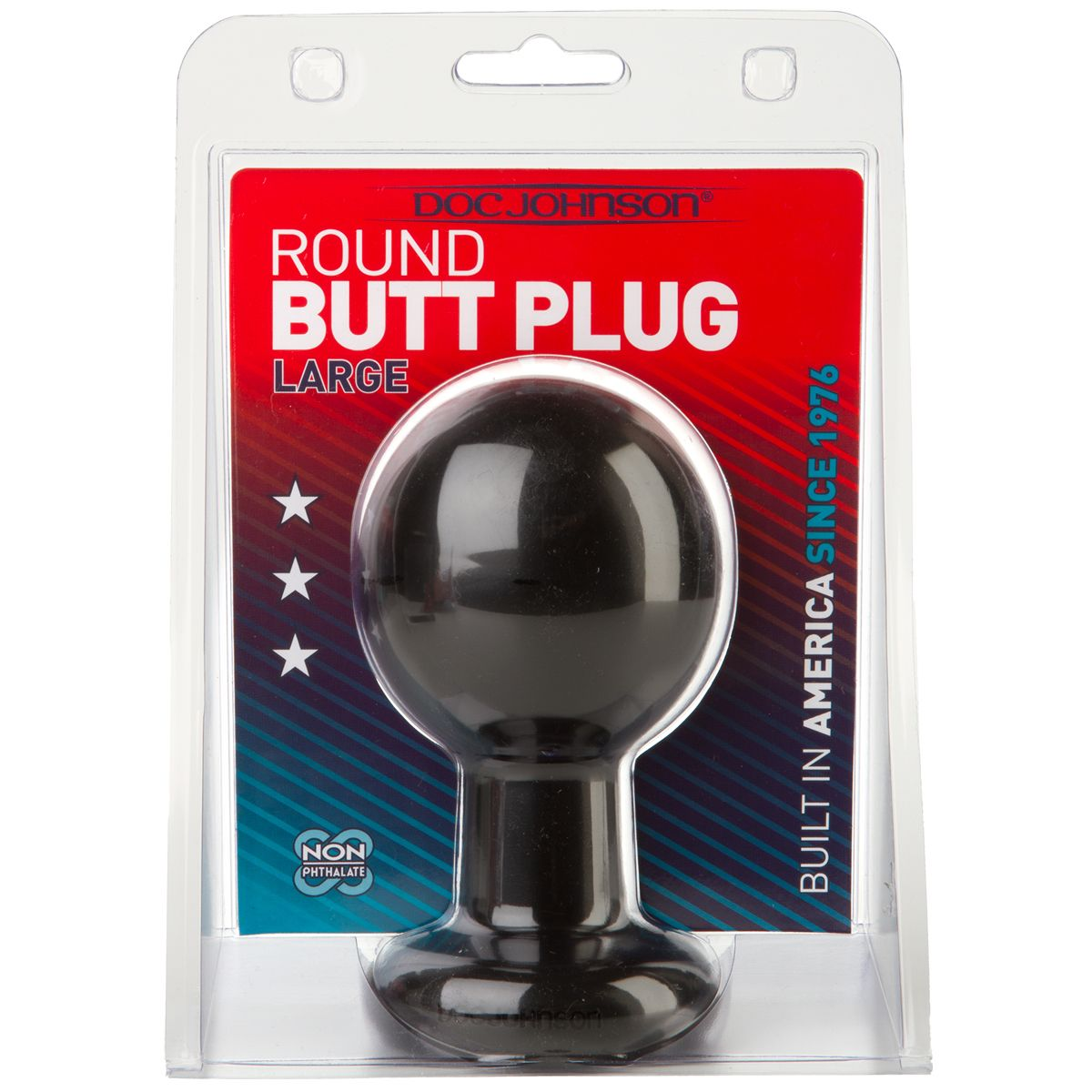 Verpackter schwarzer Analplug mit großem, bauchigem Kopf und ausgestelltem Fuß.
