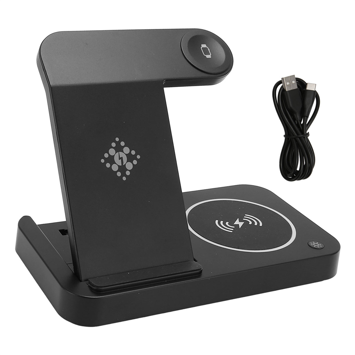 Schwarze Ladestation für Telefon und Uhr mit USB-Kabel. Es hat ein modernes Design.
