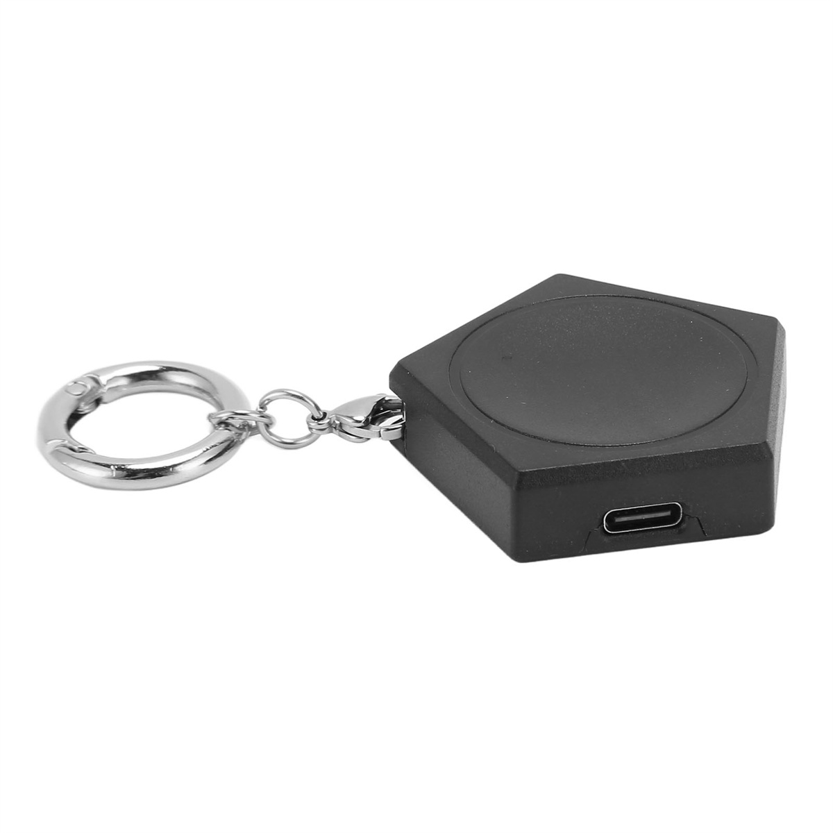 Schwarzes, sechseckiges Schlüsselanhängergerät mit Silberring und USB-Anschluss, schräge Ansicht.