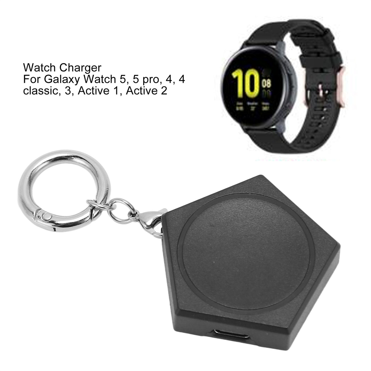 Schwarzes Uhrenladegerät mit Schlüsselanhänger und Smartwatch.