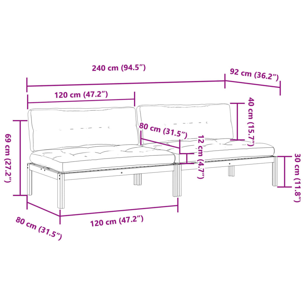 Zweiteiliges Ecksofa mit Abmessungen. Beige Kissen auf einem Holzrahmen, mit Maßen angezeigt.
