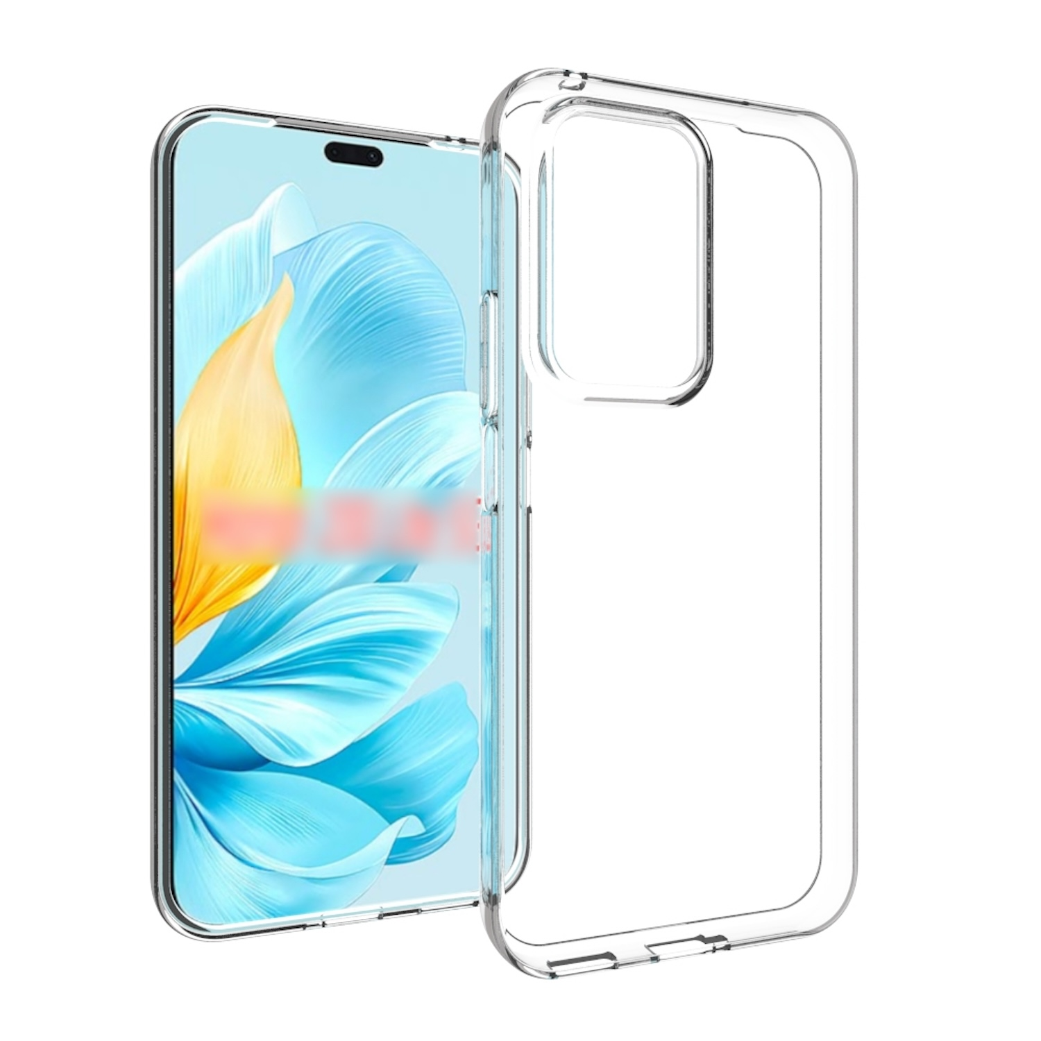 Ein Telefon in einer durchsichtigen Hülle. Der Bildschirm des Telefons zeigt ein Bild von blauen Blumen.